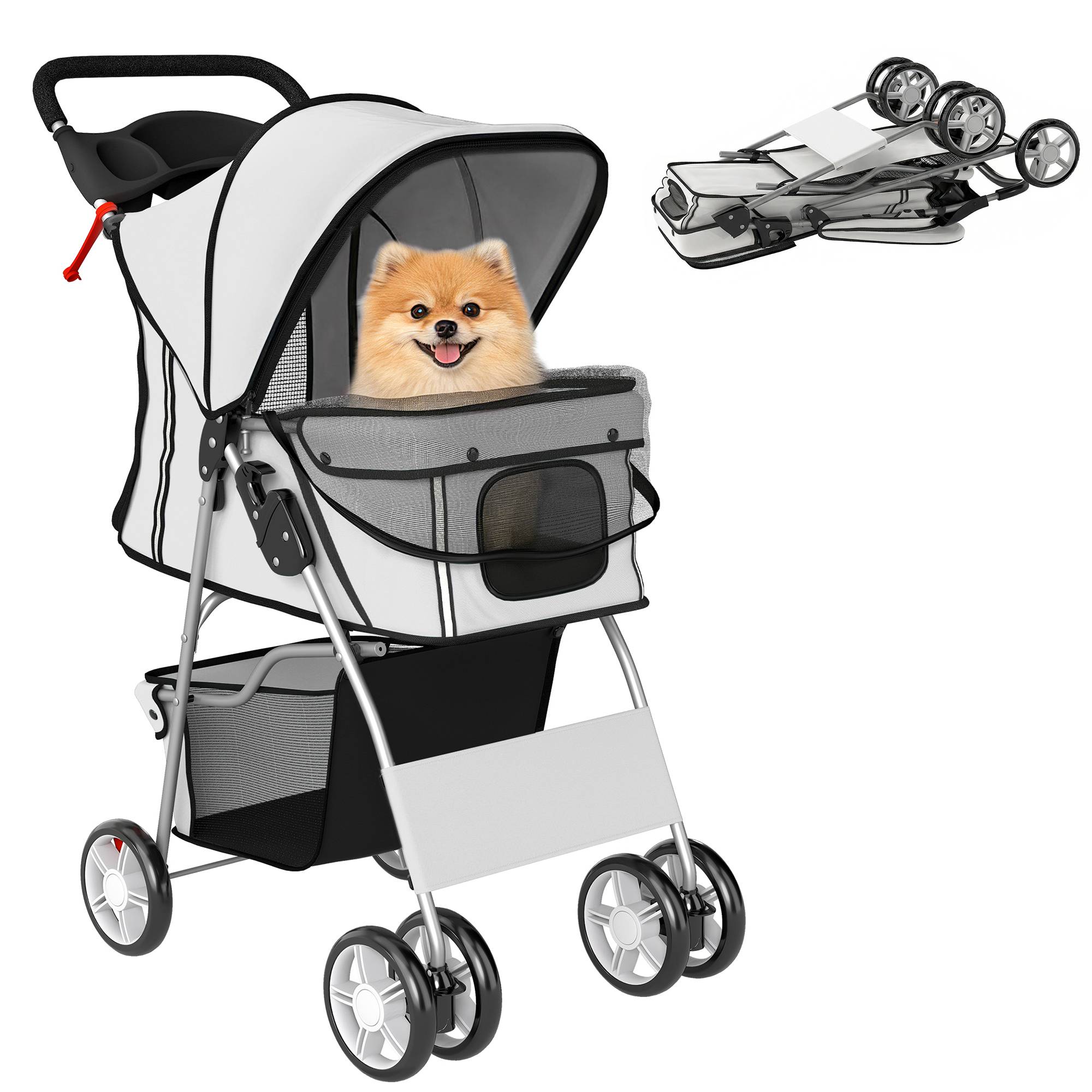 Poussette pour petit chien avec panier de rangement, porte-gobelet, roues et coussin lavable 77 x 44 x 102 cm Gris - Image 1