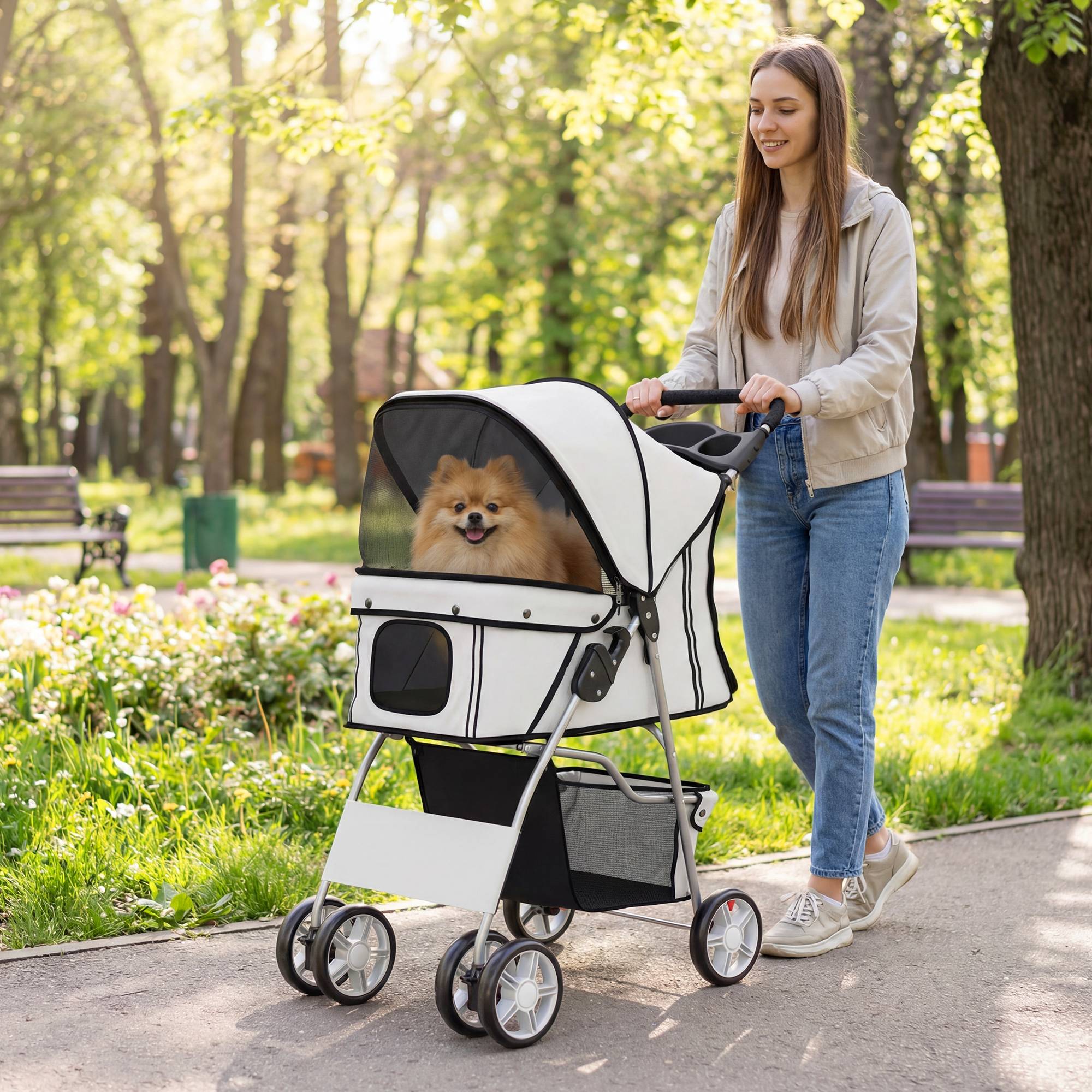 Poussette pour petit chien avec panier de rangement, porte-gobelet, roues et coussin lavable 77 x 44 x 102 cm Gris - Image 3
