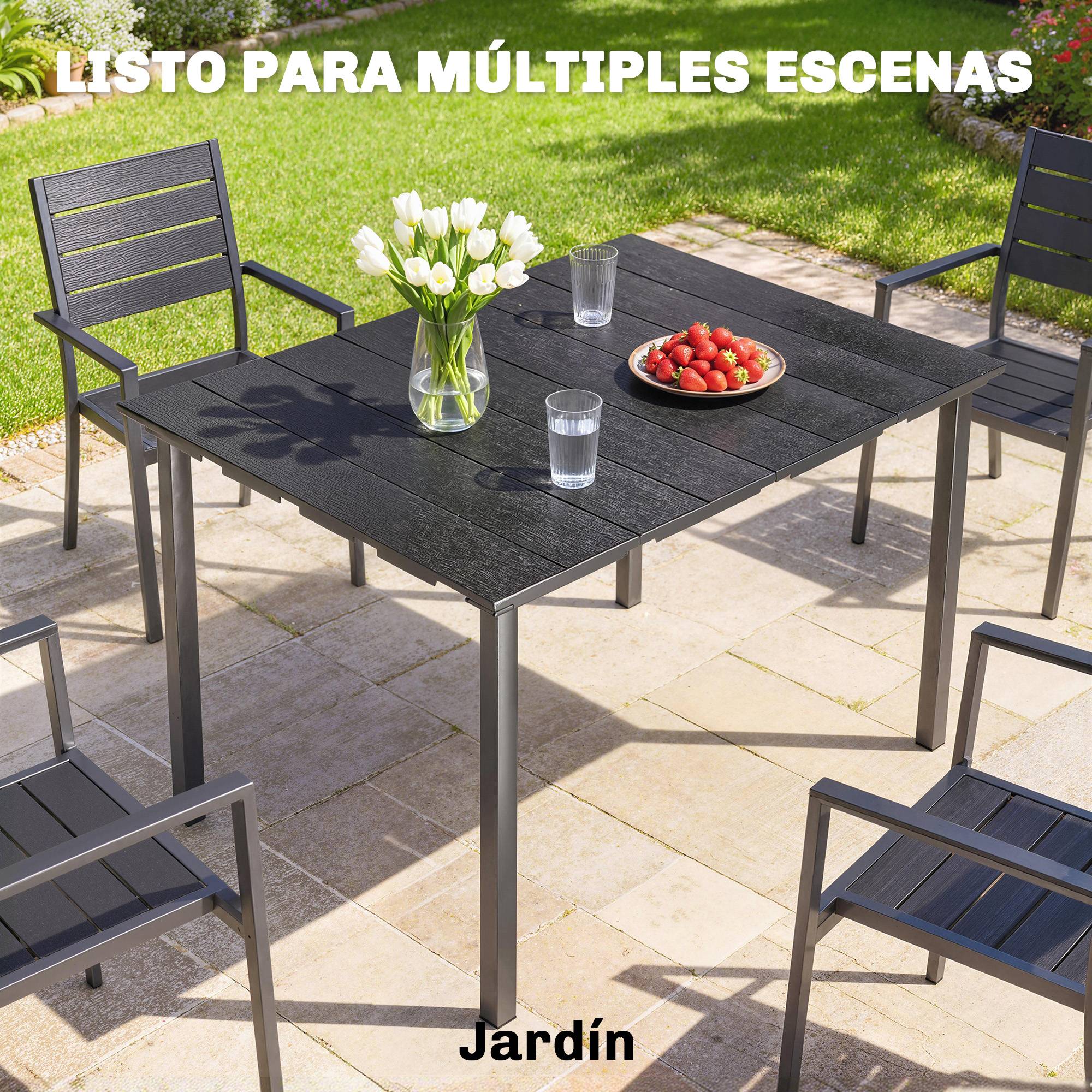 Table de jardin pour 6 personnes avec plateau en PEHD et structure en métal, 120 x 90 x 74 cm, noire - Image 9