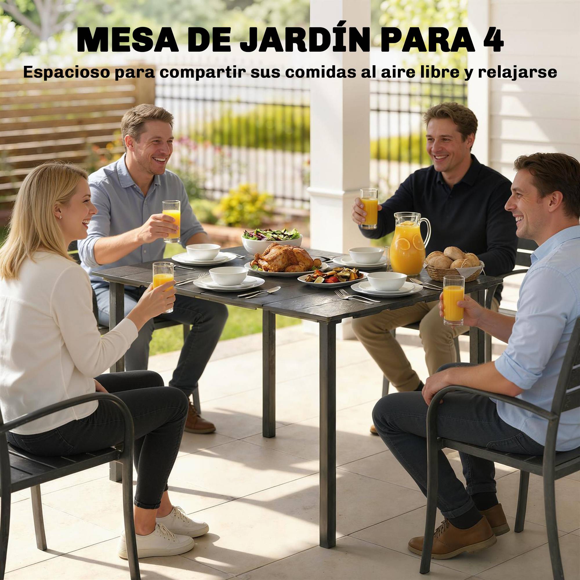 Table de jardin pour 6 personnes avec plateau en PEHD et structure en métal, 120 x 90 x 74 cm, noire - Image 6