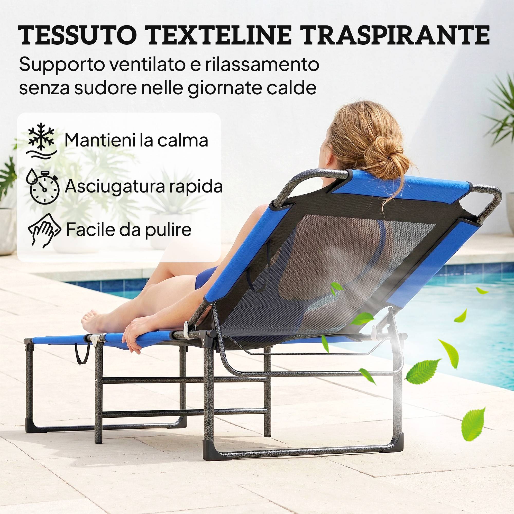 Chaise longue pliante, dossier réglable en 4 positions, poignée de transport, couleur bleue. - Image 8
