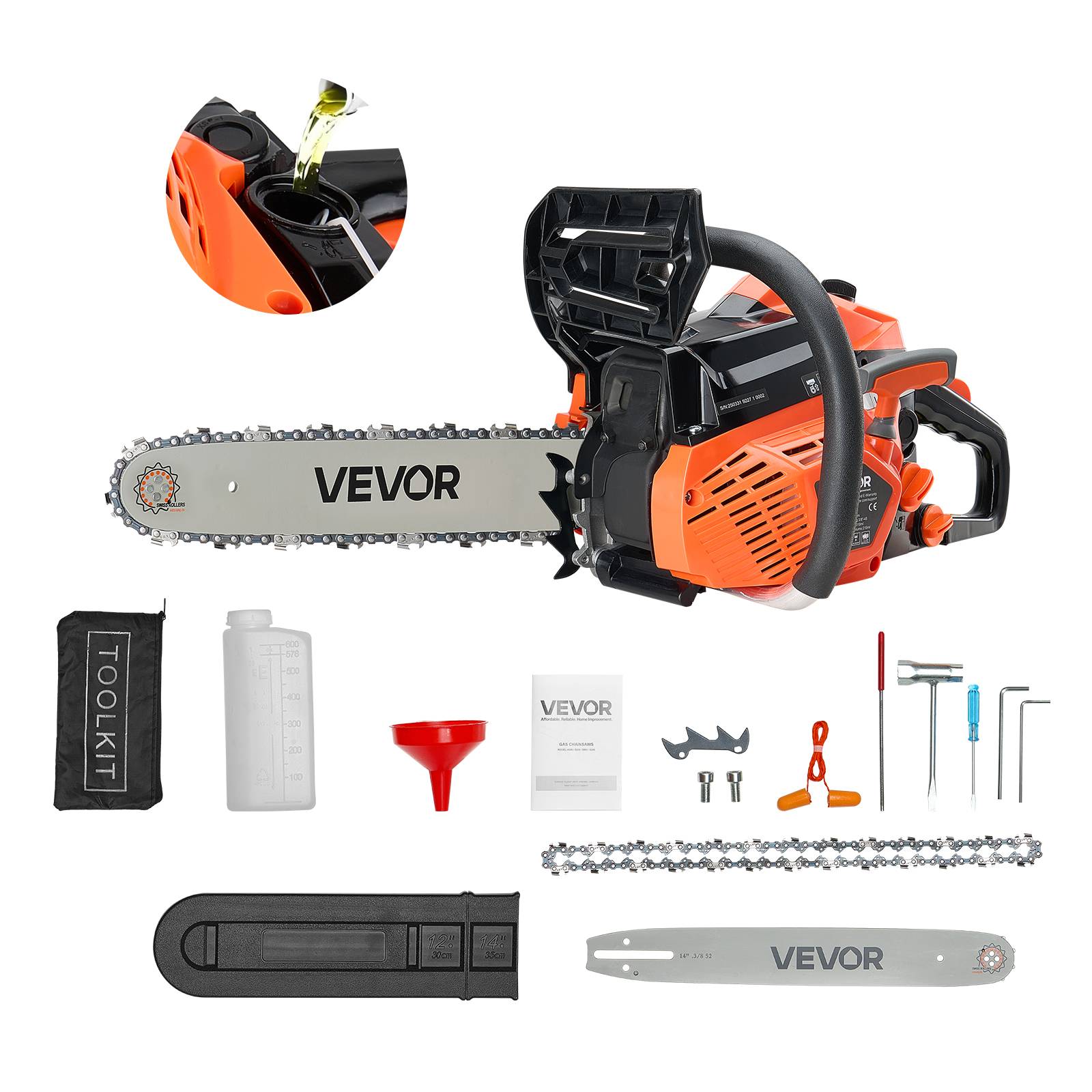 VEVOR Tronçonneuse essence 355 mm, 40 cc, 1,3 kW, double réservoir. - Image 1