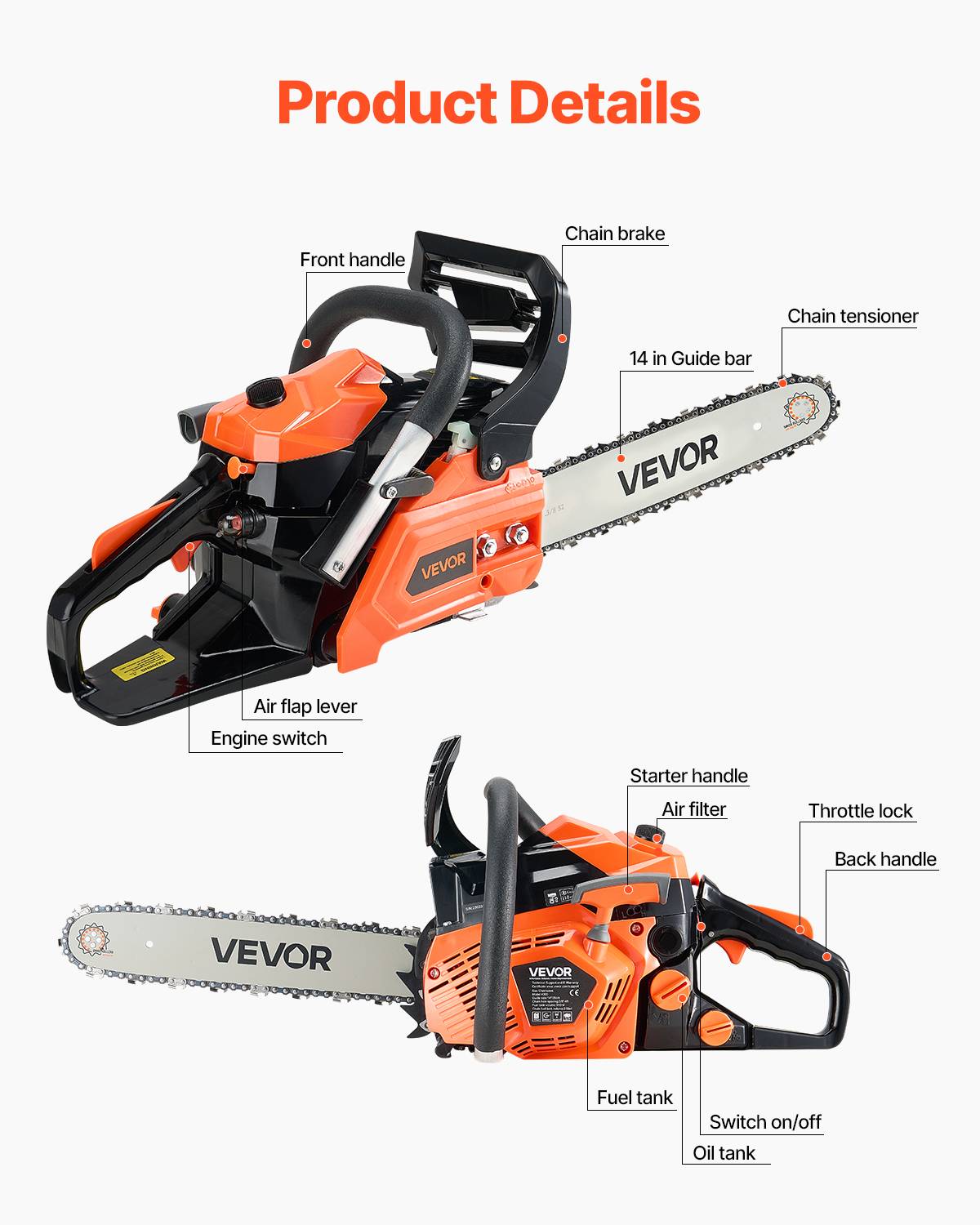 VEVOR Tronçonneuse essence 355 mm, 40 cc, 1,3 kW, double réservoir. - Image 3
