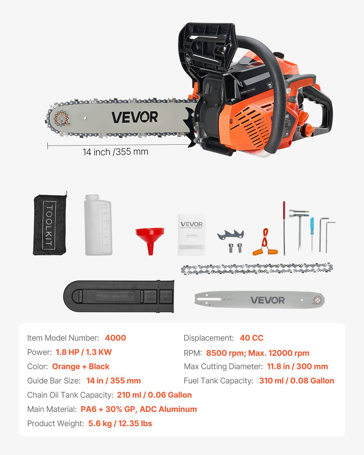 VEVOR Tronçonneuse essence 355 mm, 40 cc, 1,3 kW, double réservoir. - Image 7