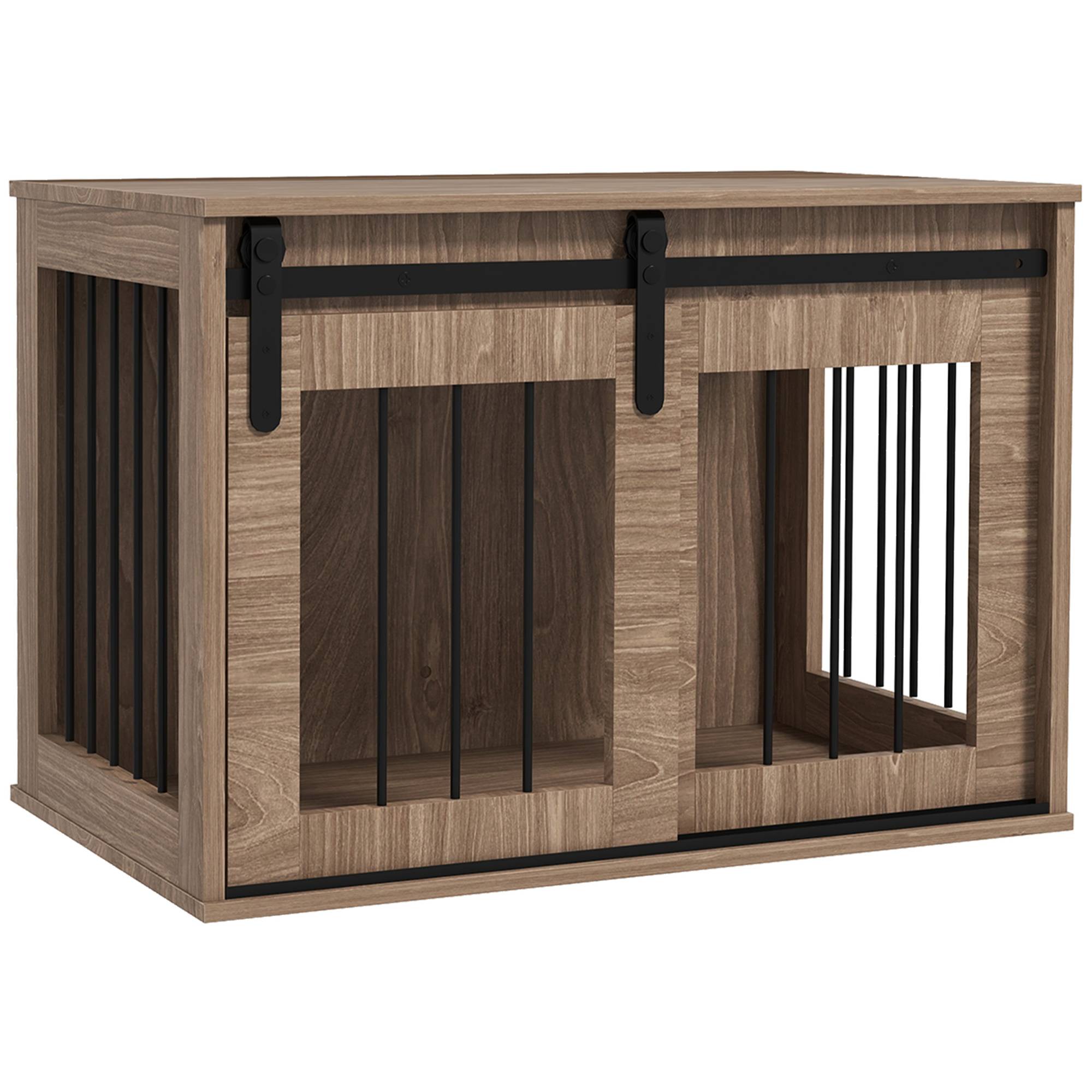 Sans Marque - Cage caisse pour chien animaux intérieur porte coulissante, métal effet bois, dim. 57H x 80L x 54l cm - Image 1