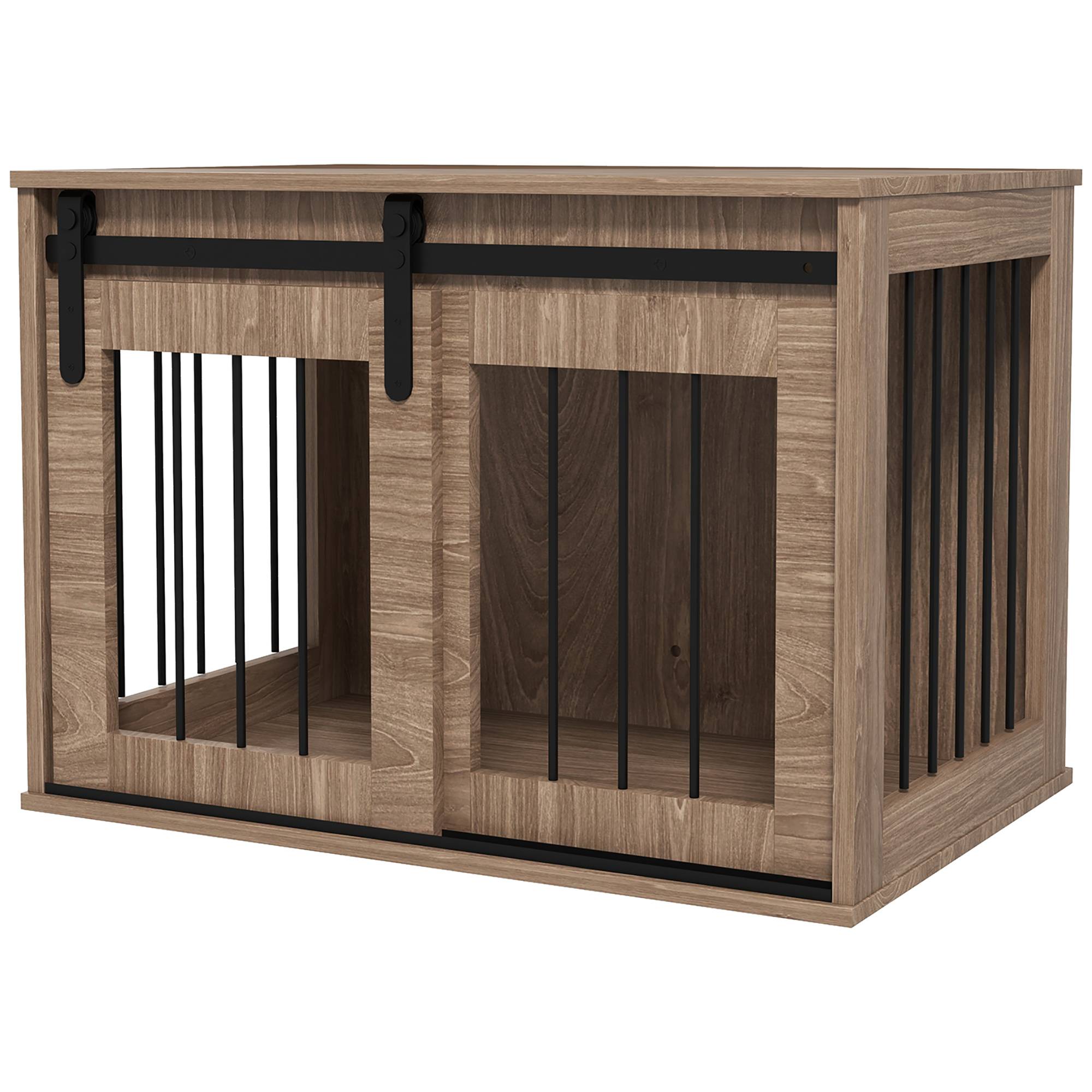 Sans Marque - Cage caisse pour chien animaux intérieur porte coulissante, métal effet bois, dim. 57H x 80L x 54l cm - Image 2