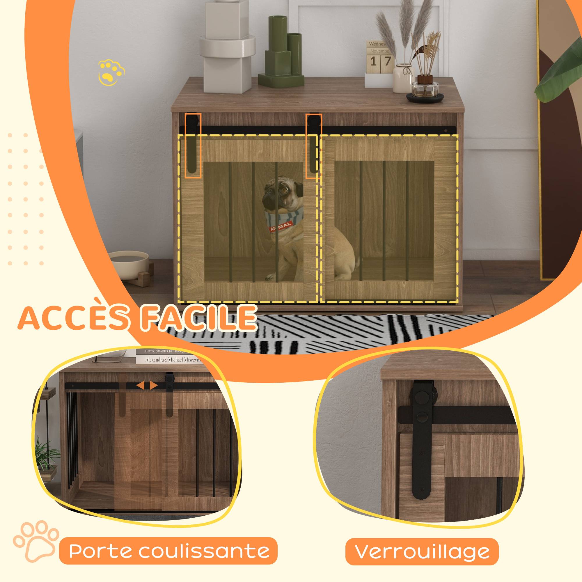 Sans Marque - Cage caisse pour chien animaux intérieur porte coulissante, métal effet bois, dim. 57H x 80L x 54l cm - Image 8