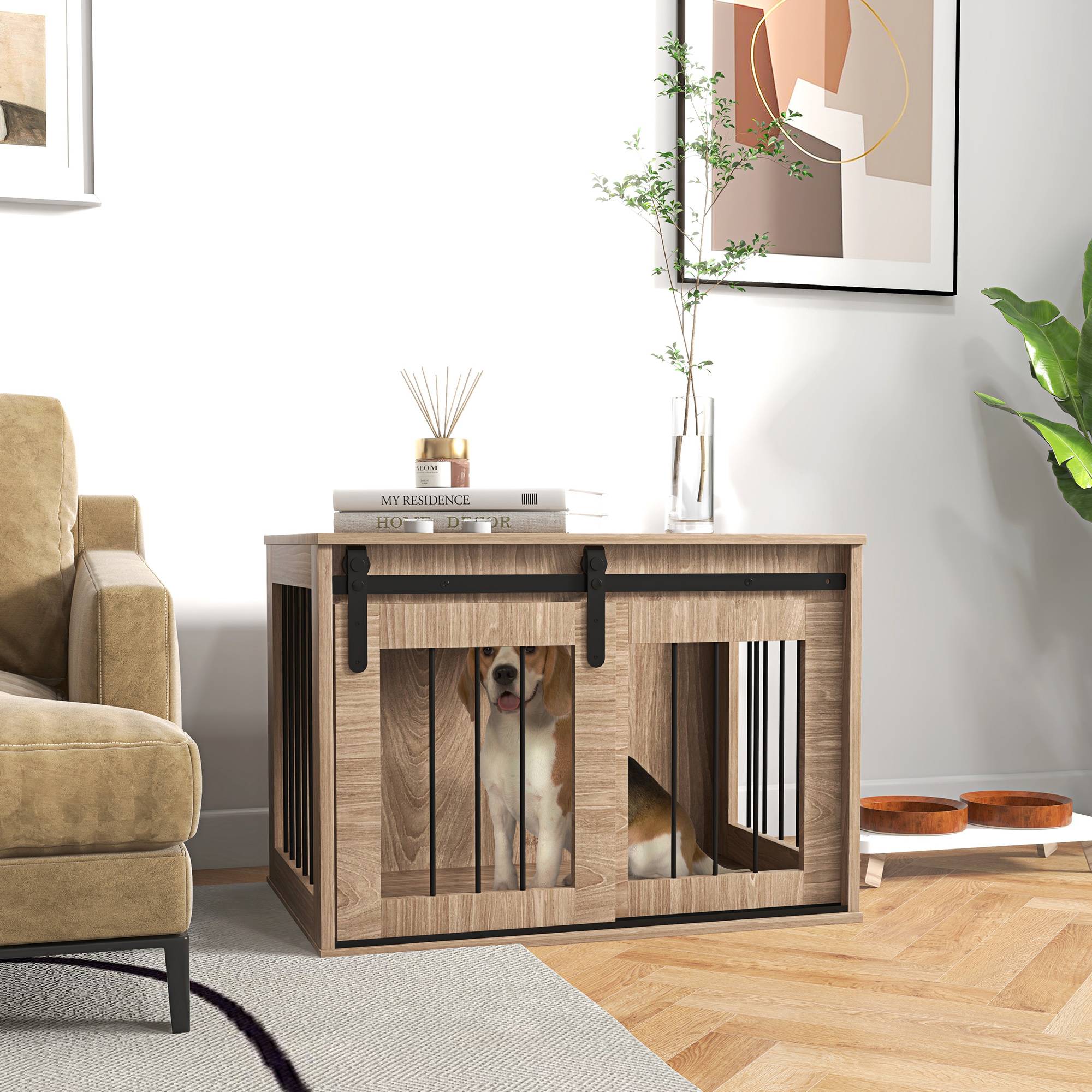 Sans Marque - Cage caisse pour chien animaux intérieur porte coulissante, métal effet bois, dim. 57H x 80L x 54l cm - Image 3
