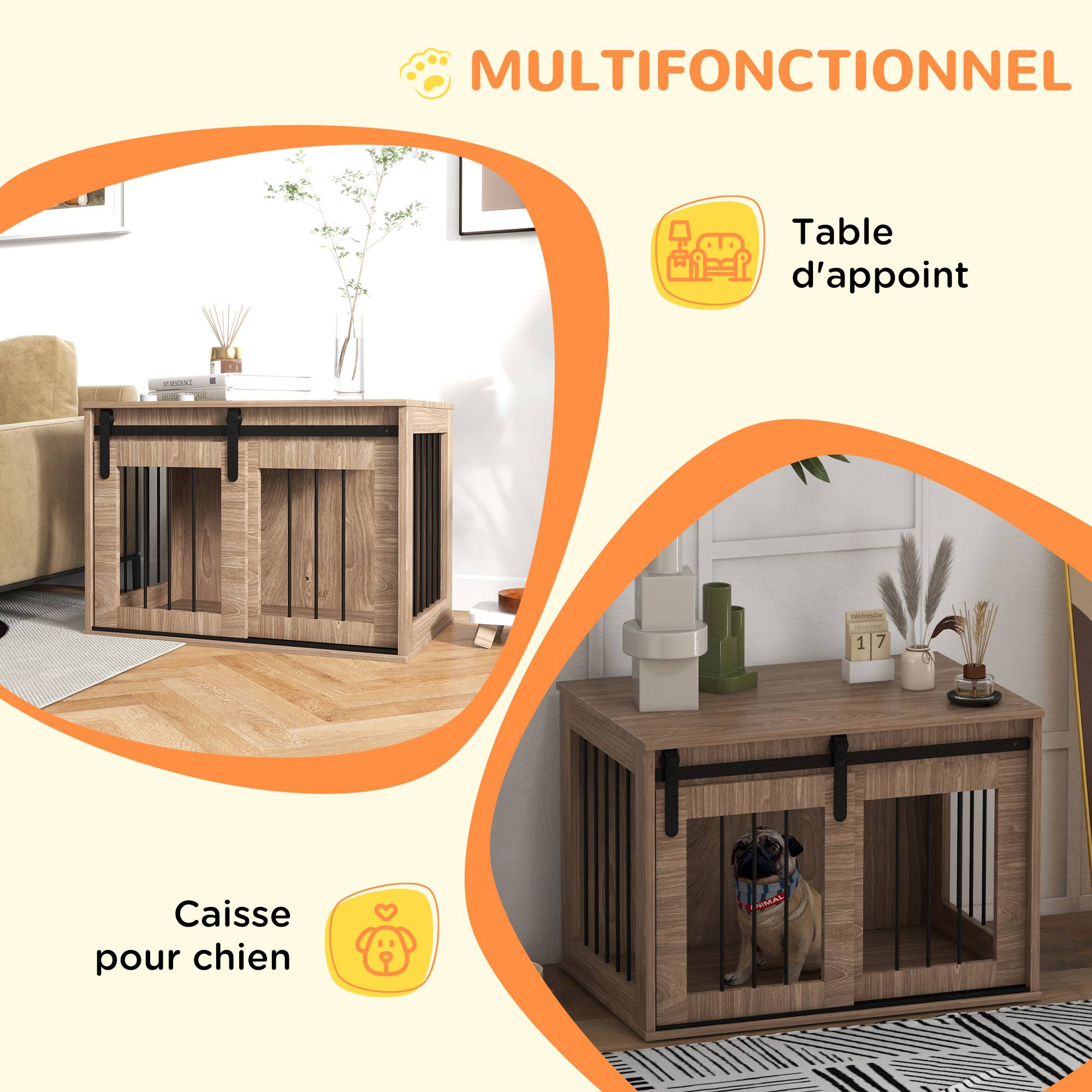 Sans Marque - Cage caisse pour chien animaux intérieur porte coulissante, métal effet bois, dim. 57H x 80L x 54l cm - Image 7