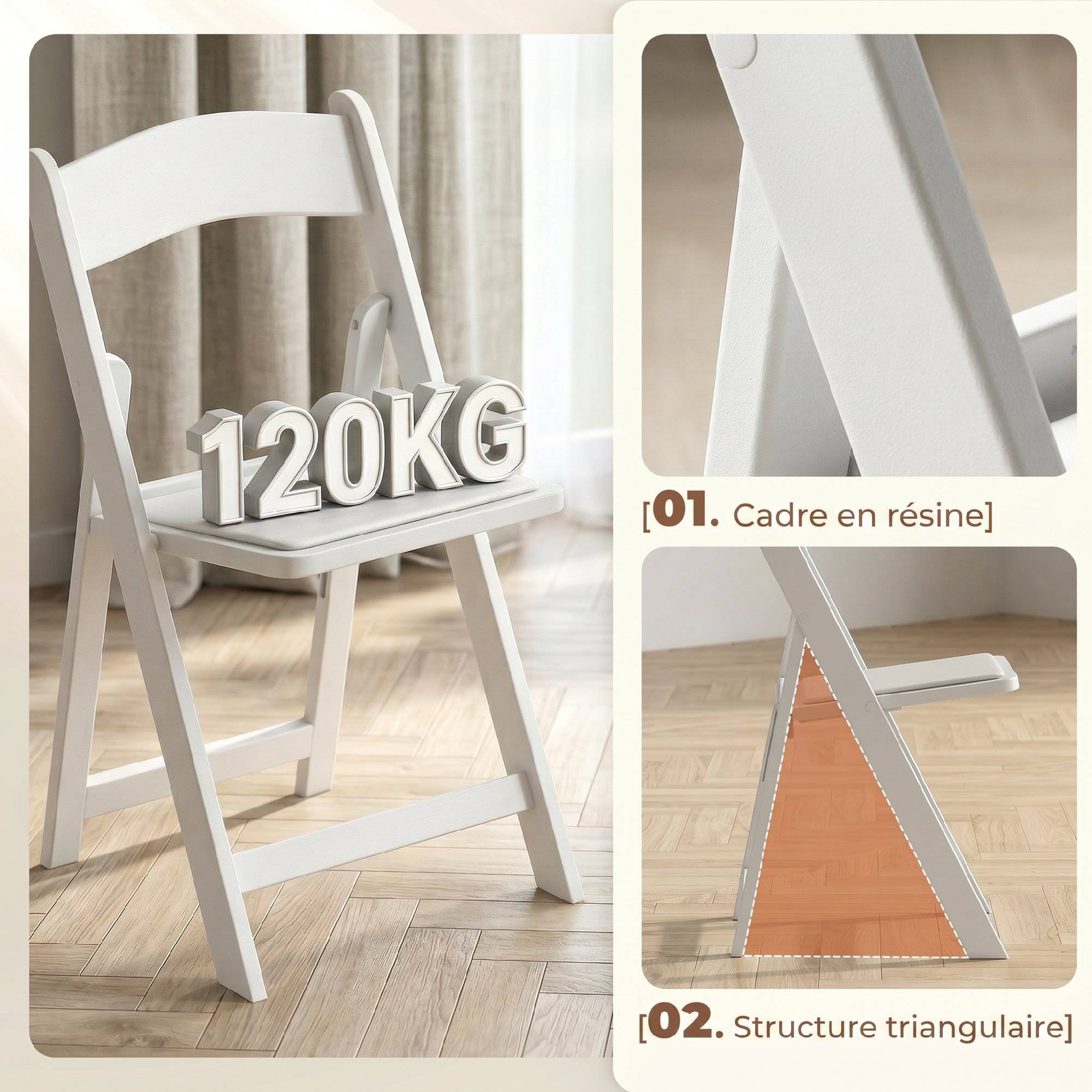 Lot de 4 chaises pliantes en résine et PU, chaises pliantes portables pour intérieur et extérieur, 45x44x78cm, blanc - Image 6