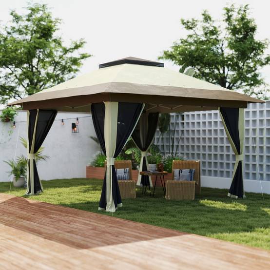 Tonnelle pliante 3,6 x 3,6 m avec parois en maille anti-UV50+, hauteur réglable, sac de transport à roulettes et sacs de lestage, couleur crème - Image 3