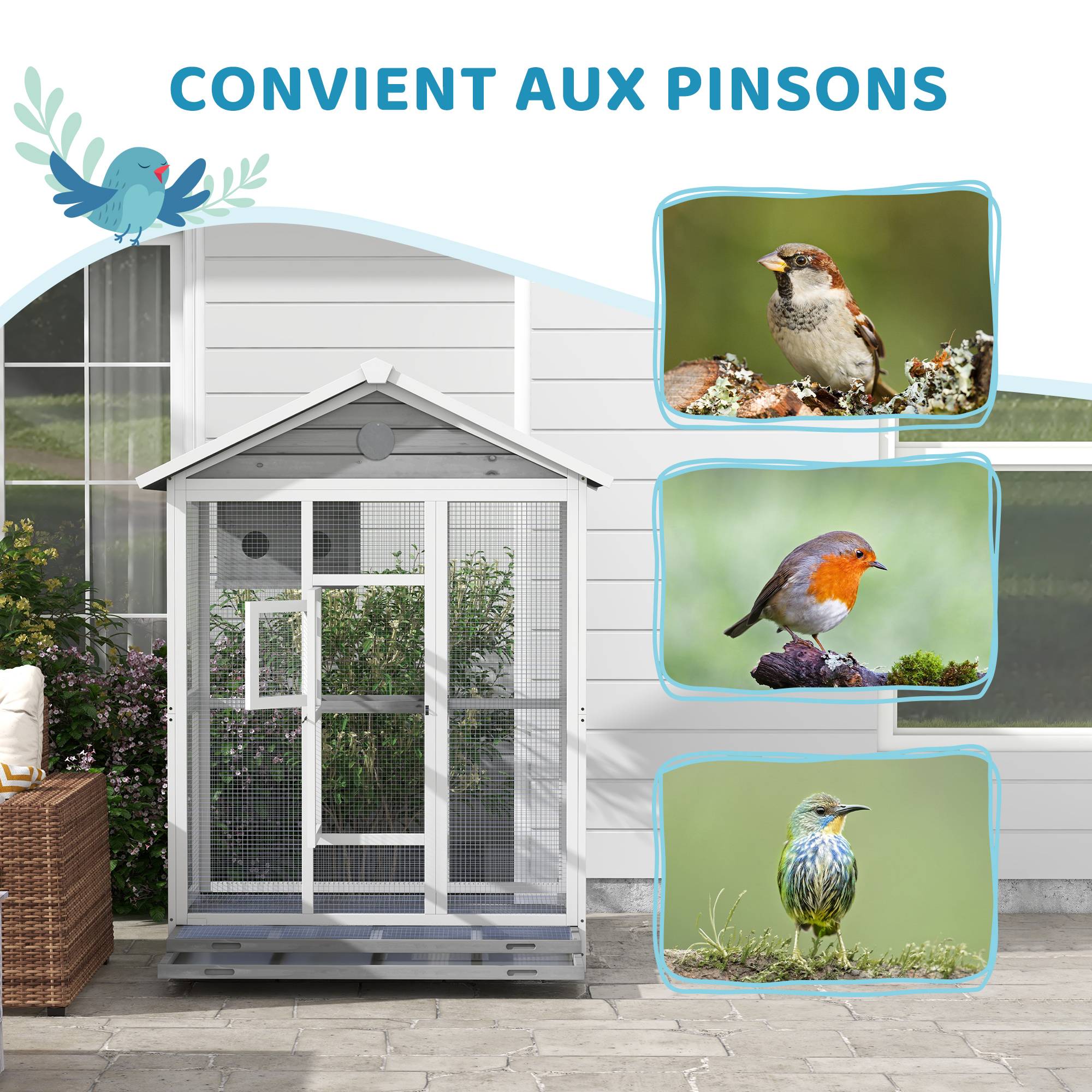Sans Marque - Grande cage oiseau volière à oiseaux intérieur exterieur, 4 perchoirs bac à litière coulissant 112 x 68 x 154 cm gris - Image 10