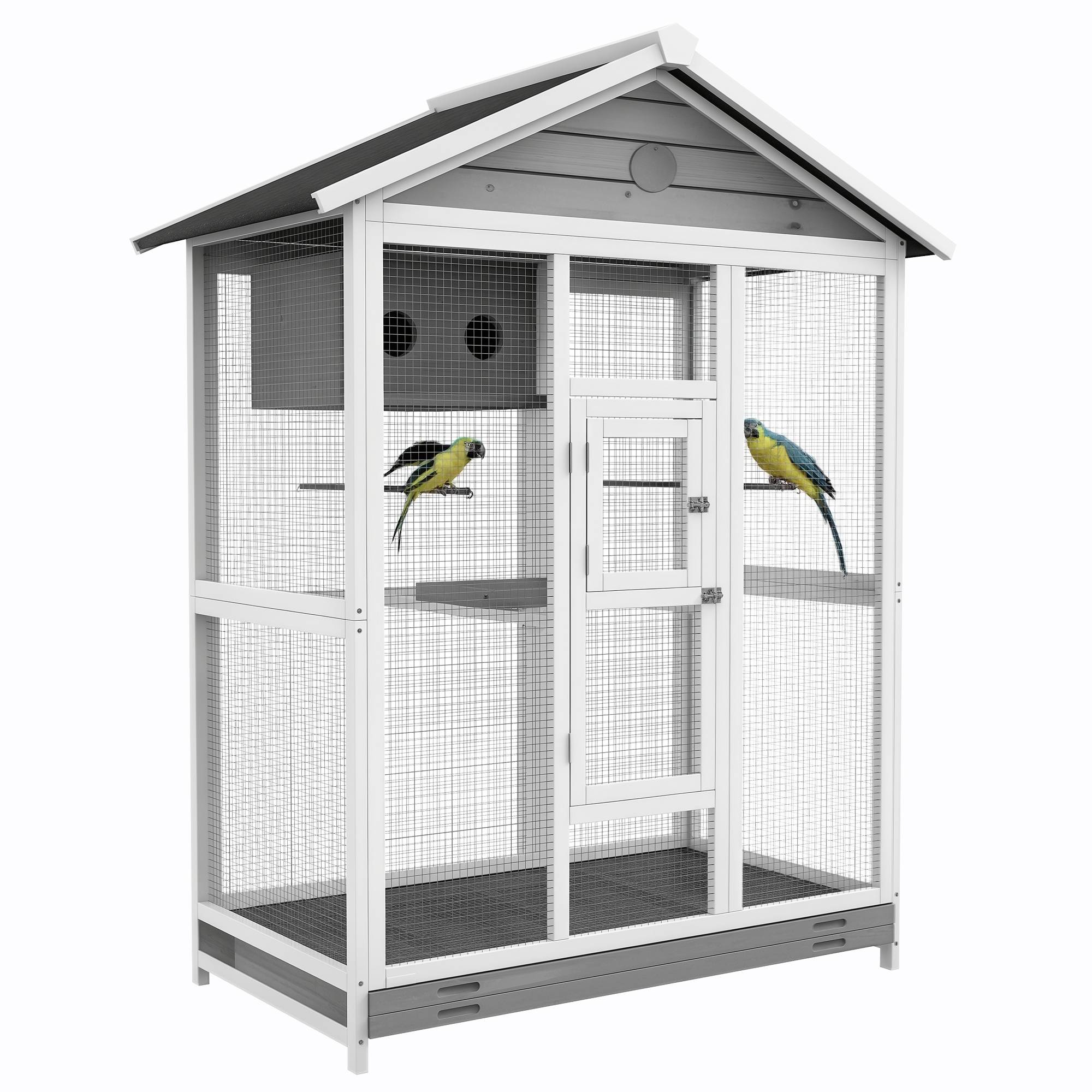 Sans Marque - Grande cage oiseau volière à oiseaux intérieur exterieur, 4 perchoirs bac à litière coulissant 112 x 68 x 154 cm gris - Image 1