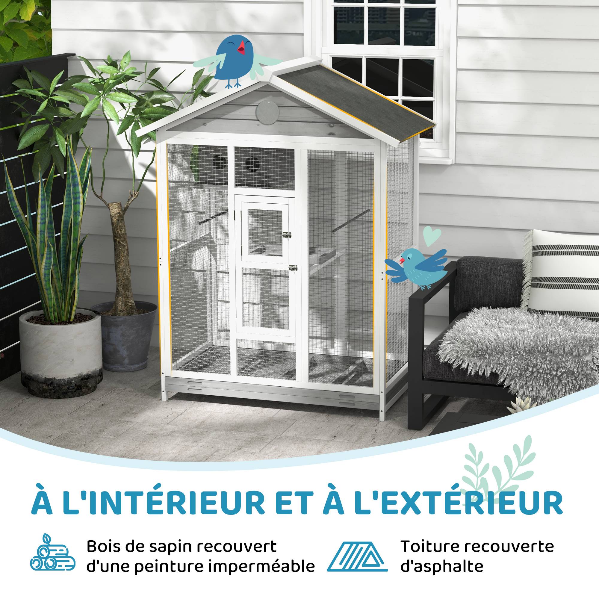 Sans Marque - Grande cage oiseau volière à oiseaux intérieur exterieur, 4 perchoirs bac à litière coulissant 112 x 68 x 154 cm gris - Image 9