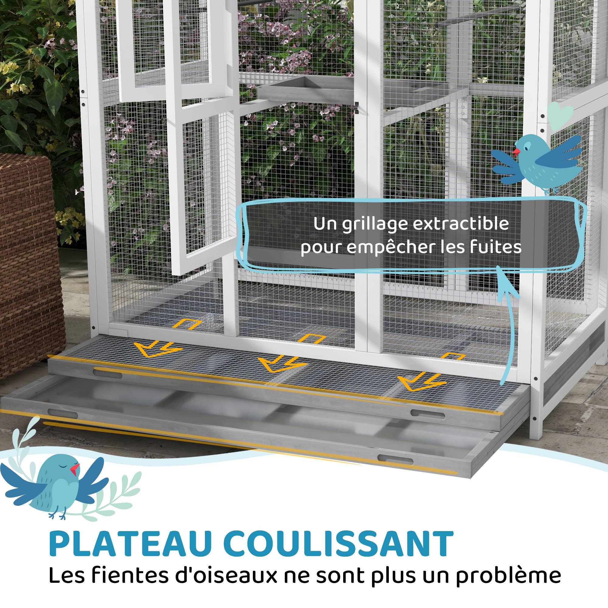 Sans Marque - Grande cage oiseau volière à oiseaux intérieur exterieur, 4 perchoirs bac à litière coulissant 112 x 68 x 154 cm gris - Image 7