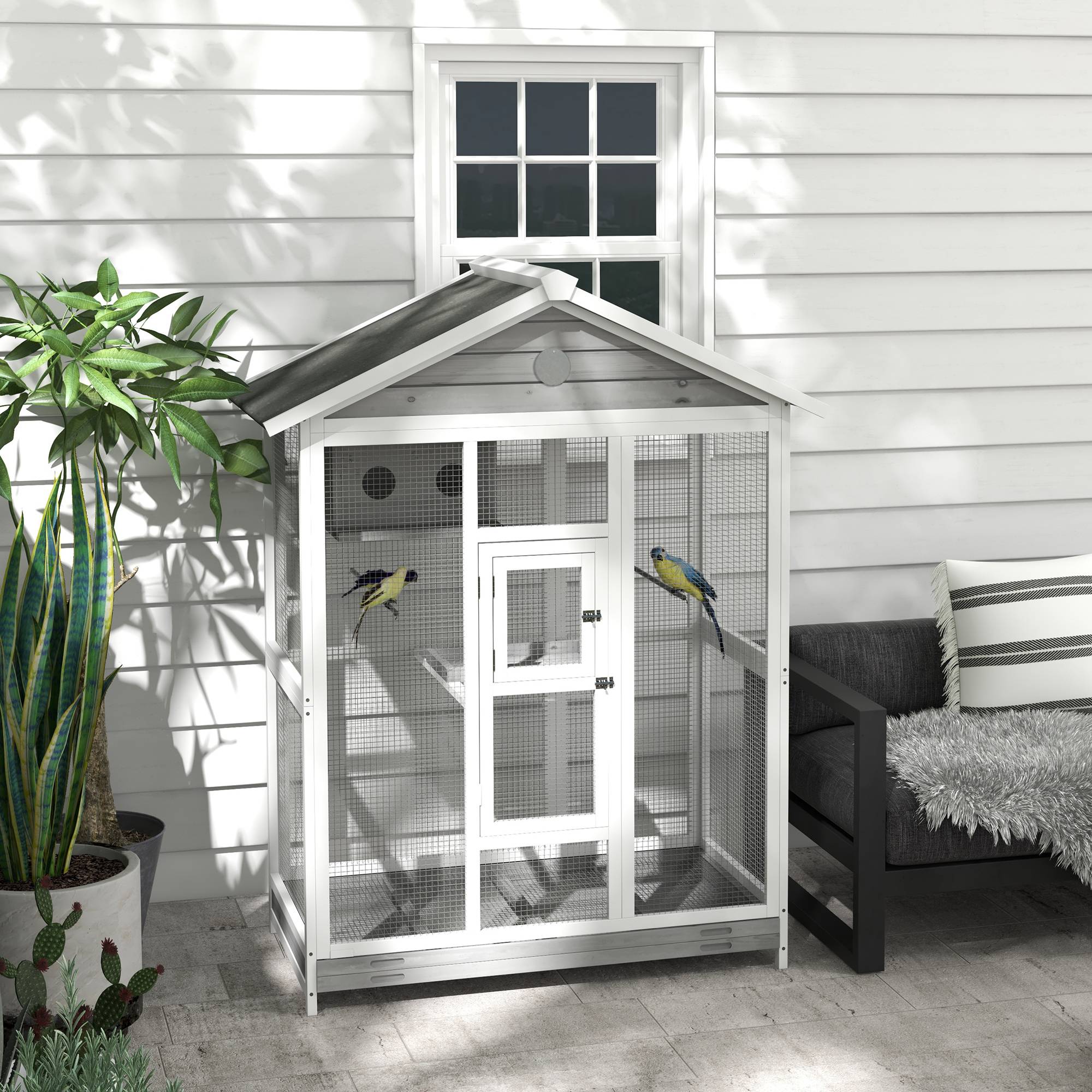 Sans Marque - Grande cage oiseau volière à oiseaux intérieur exterieur, 4 perchoirs bac à litière coulissant 112 x 68 x 154 cm gris - Image 4