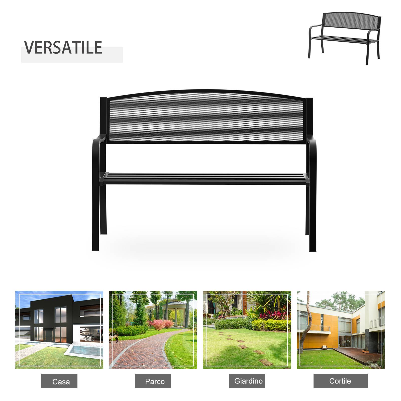 ComfortXL - Banc de jardin 2 places métal fonte cour extérieure dossier ergonomique 127x60x87cm noir - ComfortXL Outdoor Living - Image 8