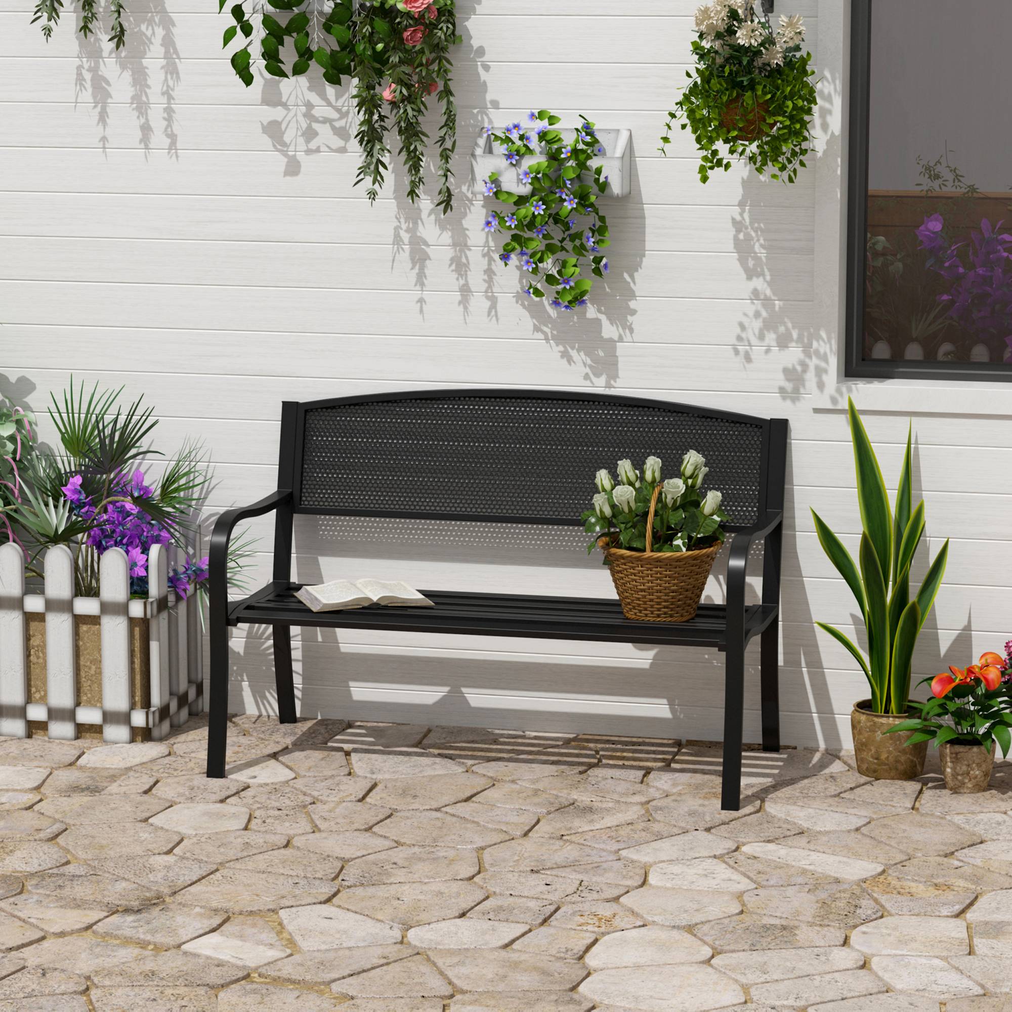 ComfortXL - Banc de jardin 2 places métal fonte cour extérieure dossier ergonomique 127x60x87cm noir - ComfortXL Outdoor Living - Image 2
