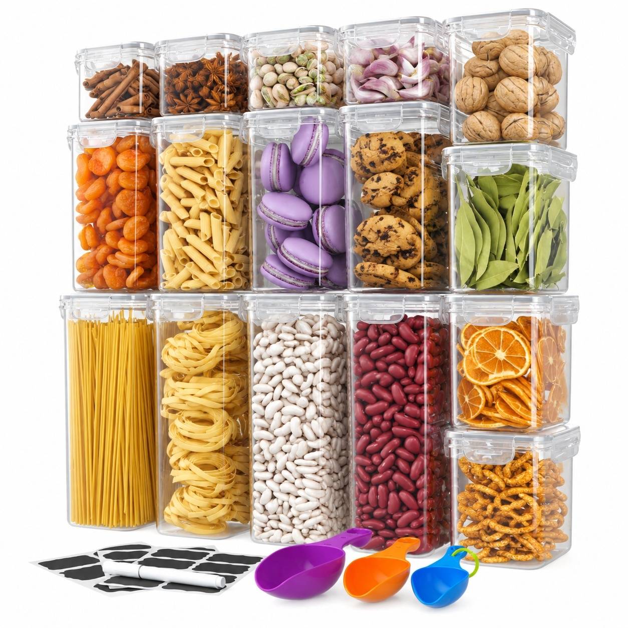 Set de 16 Boîtes de Rangement Alimentaire avec Étiquettes Craie et Cuillères Doseuses - Image 1