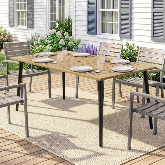 Sans Marque - Table jardin 150x90 cm balcon intempéries acier trou parasol marron - Image 4