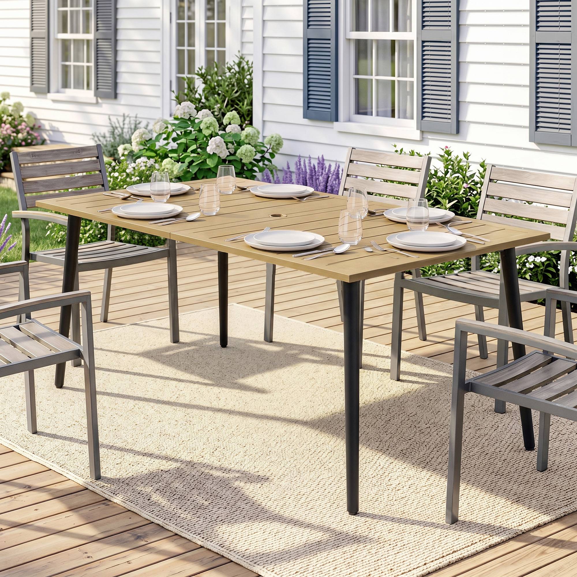 Sans Marque - Table jardin 150x90 cm balcon intempéries acier trou parasol marron - Image 4