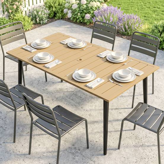 Sans Marque - Table jardin 150x90 cm balcon intempéries acier trou parasol marron - Image 3