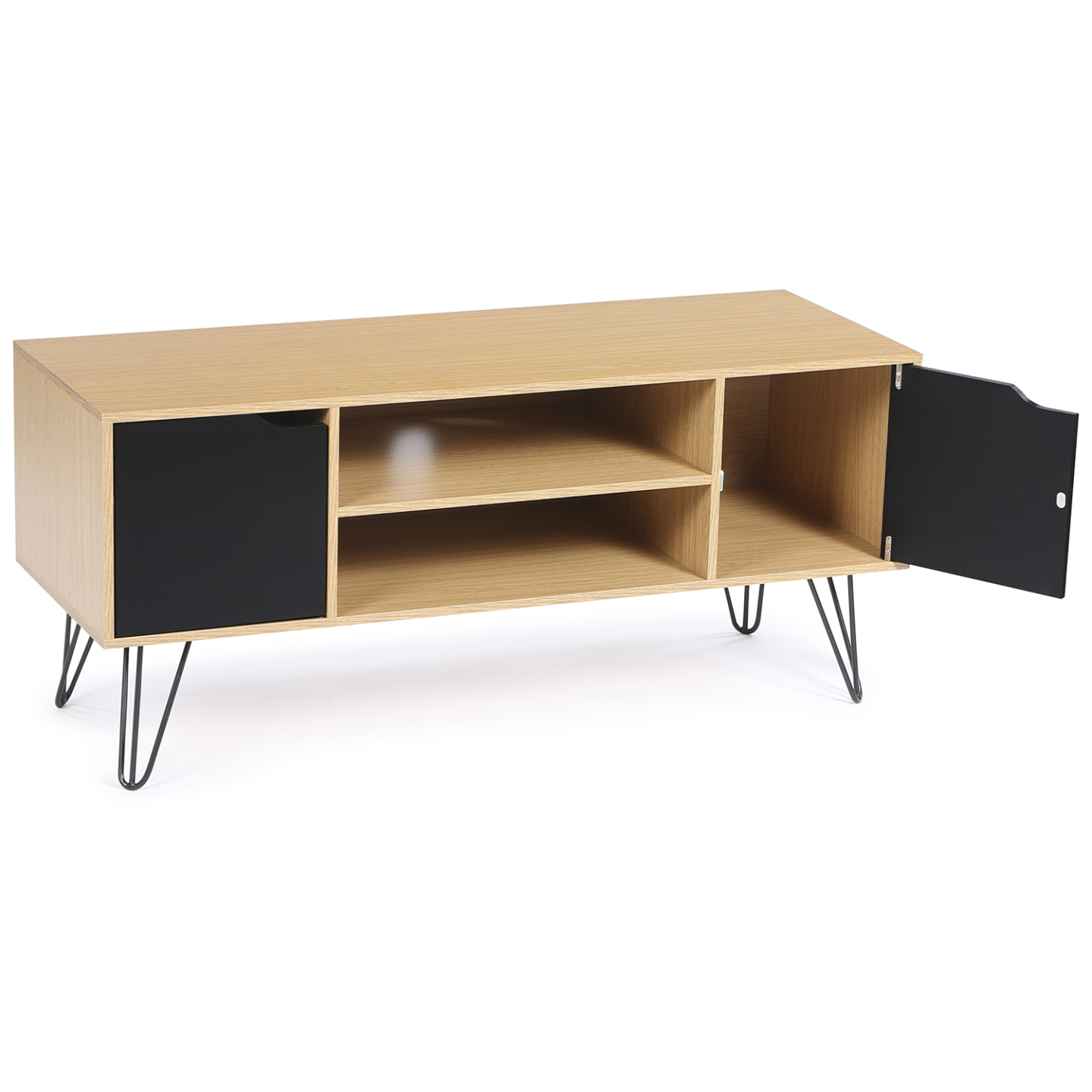 Meuble TV 113 cm vintage NOEMI pied épingle bois portes noires - Image 4