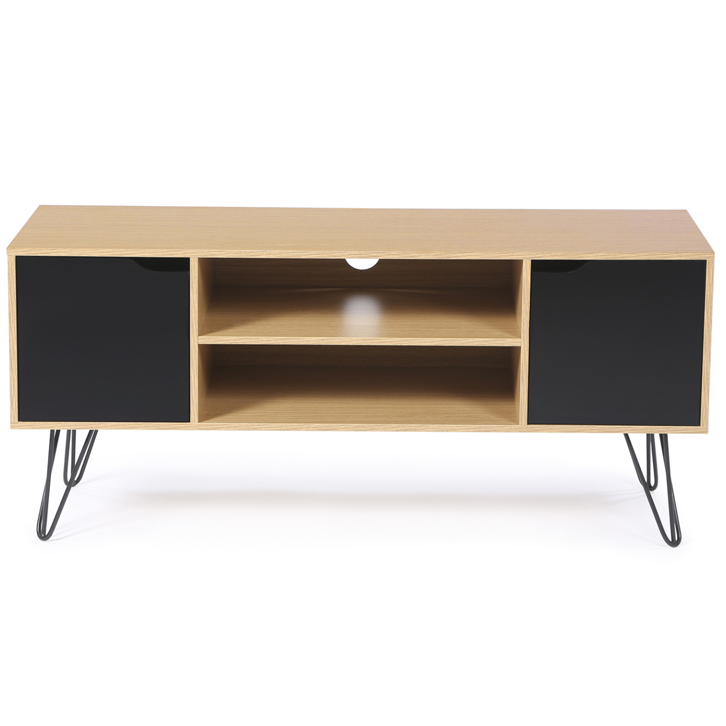 Meuble TV 113 cm vintage NOEMI pied épingle bois portes noires - Image 3