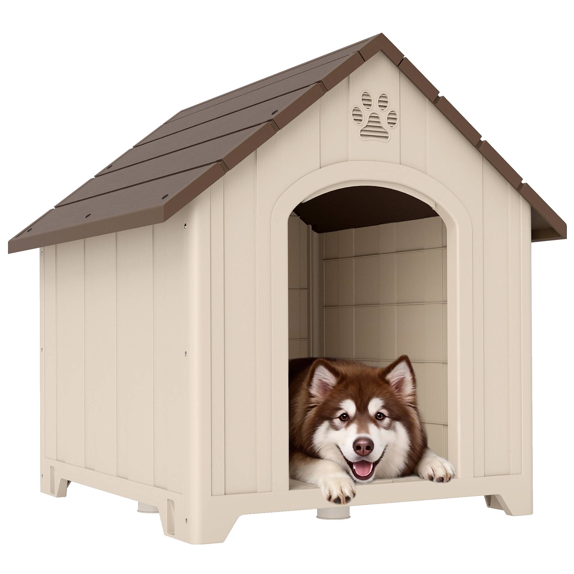 Niche surélevée pour chien avec toit incliné et aérations, en polypropylène, 102 x 94 x 103 cm, beige et marron foncé - Image 1