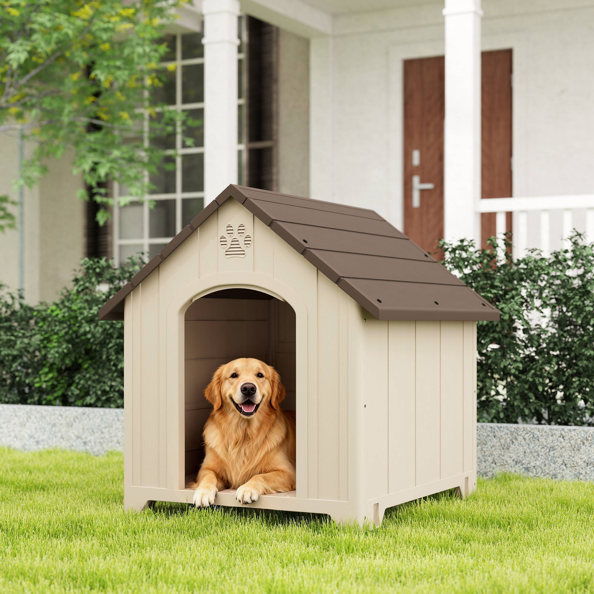 Niche surélevée pour chien avec toit incliné et aérations, en polypropylène, 102 x 94 x 103 cm, beige et marron foncé - Image 4