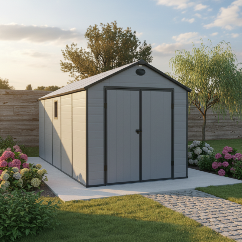 Abri de jardin 11m² polypropylène gris avec kit de fondation et double porte Jôbu - Image 7