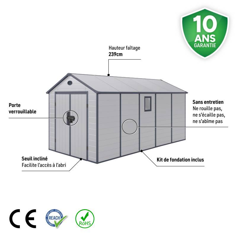 Abri de jardin 11m² polypropylène gris avec kit de fondation et double porte Jôbu - Image 3