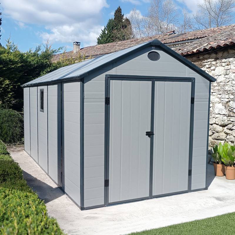Abri de jardin 11m² polypropylène gris avec kit de fondation et double porte Jôbu - Image 1