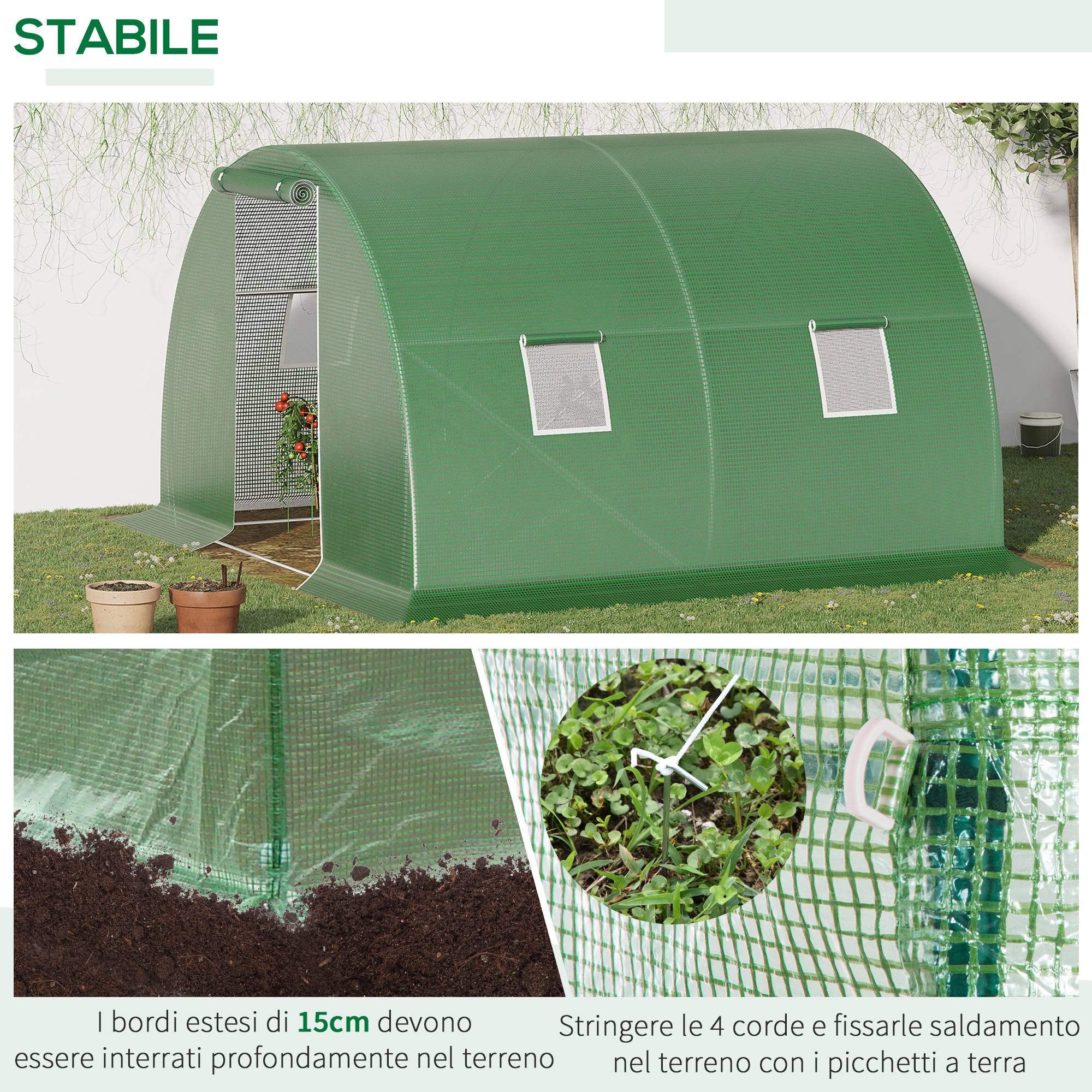 Sans Marque - Serre tunnel extérieur 3x3x2 m bâche PE serre potagère verte porte zippée 4 fenêtres culture légumes fleurs jardin robuste acier - Image 7