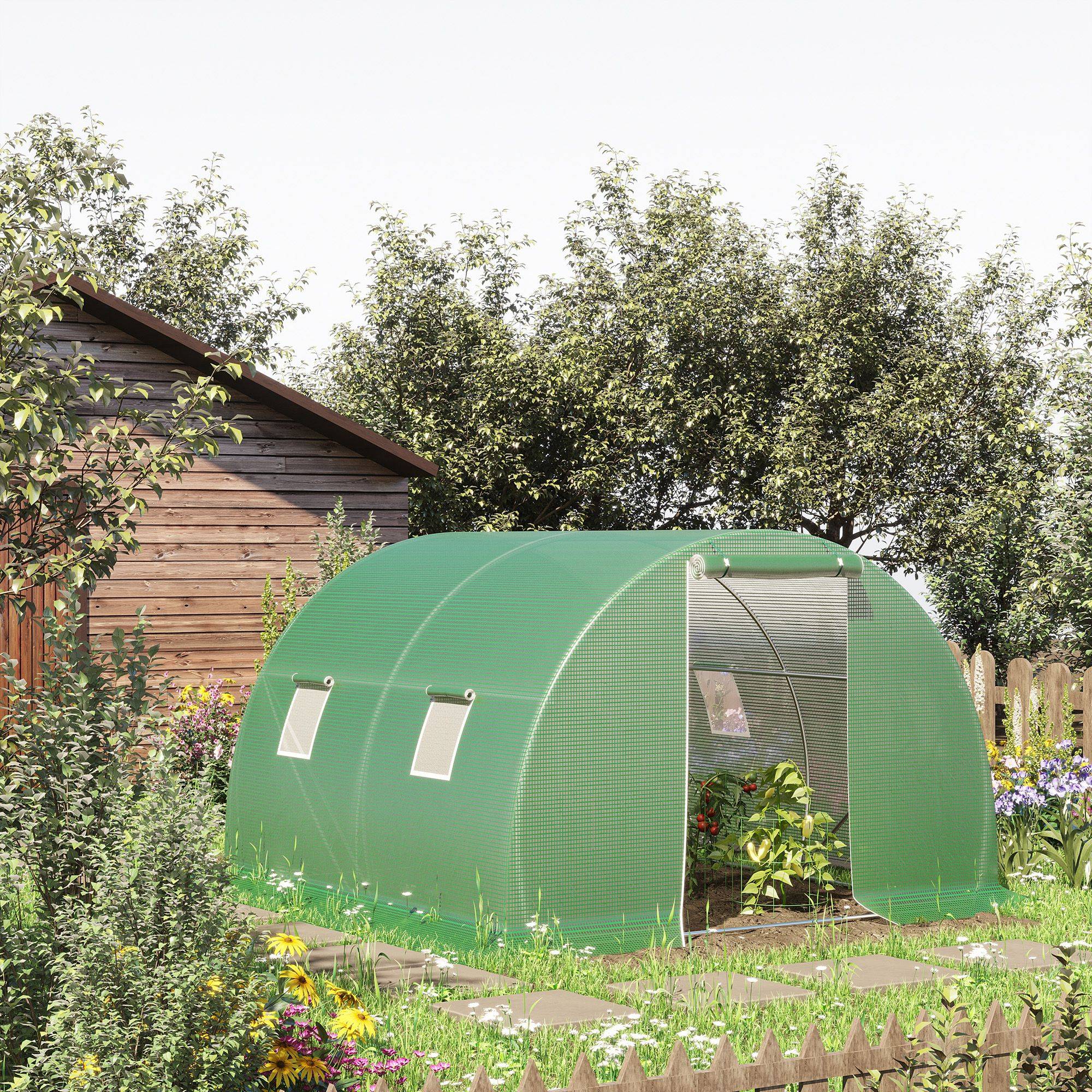 Sans Marque - Serre tunnel extérieur 3x3x2 m bâche PE serre potagère verte porte zippée 4 fenêtres culture légumes fleurs jardin robuste acier - Image 3