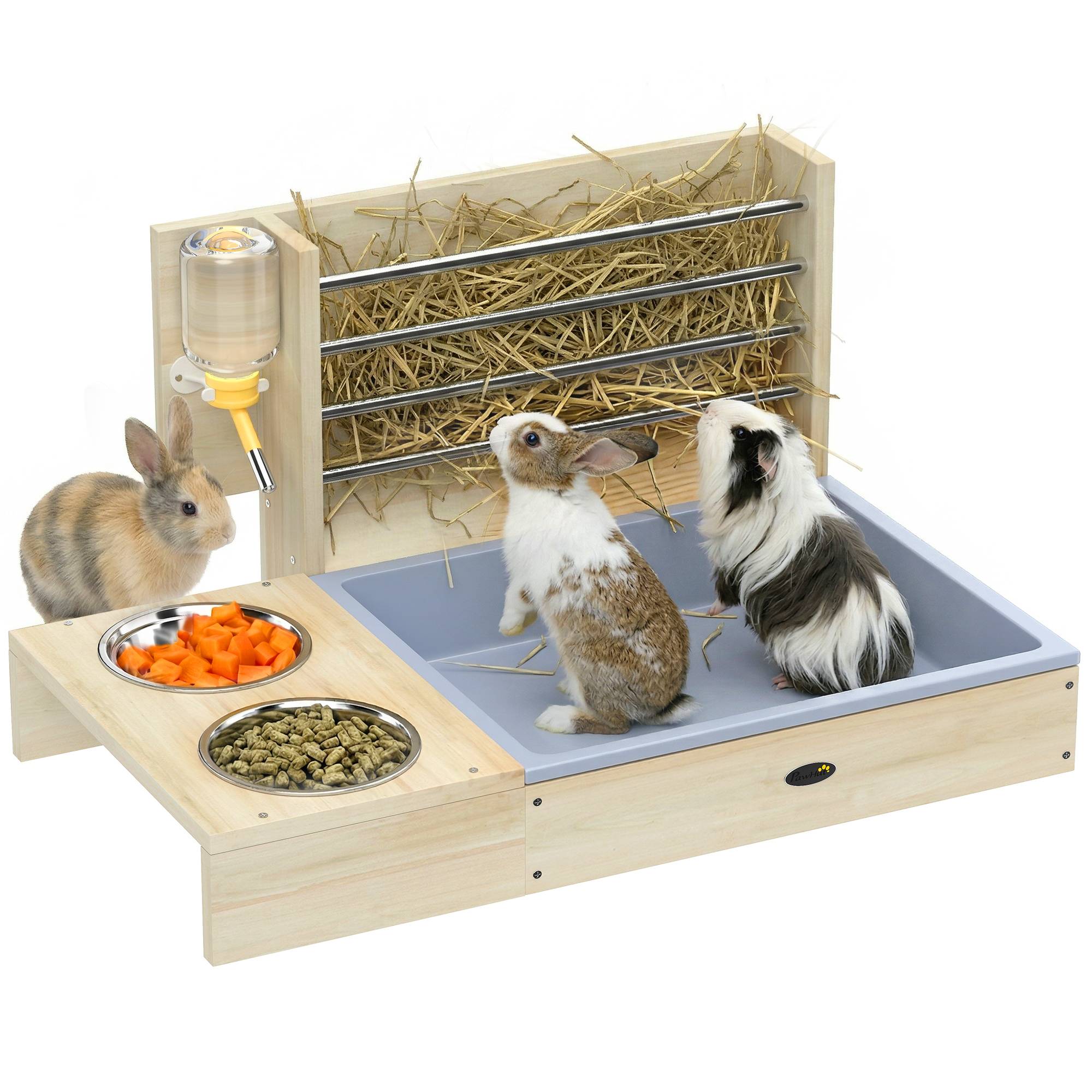 Sans Marque - Râtelier à Foin en Bois pour Lapin Mangeoire Lapin 3 en 1 avec Bac à Litière et Bouteille d'Eau 58x40x32cm Bois Naturel - Image 1