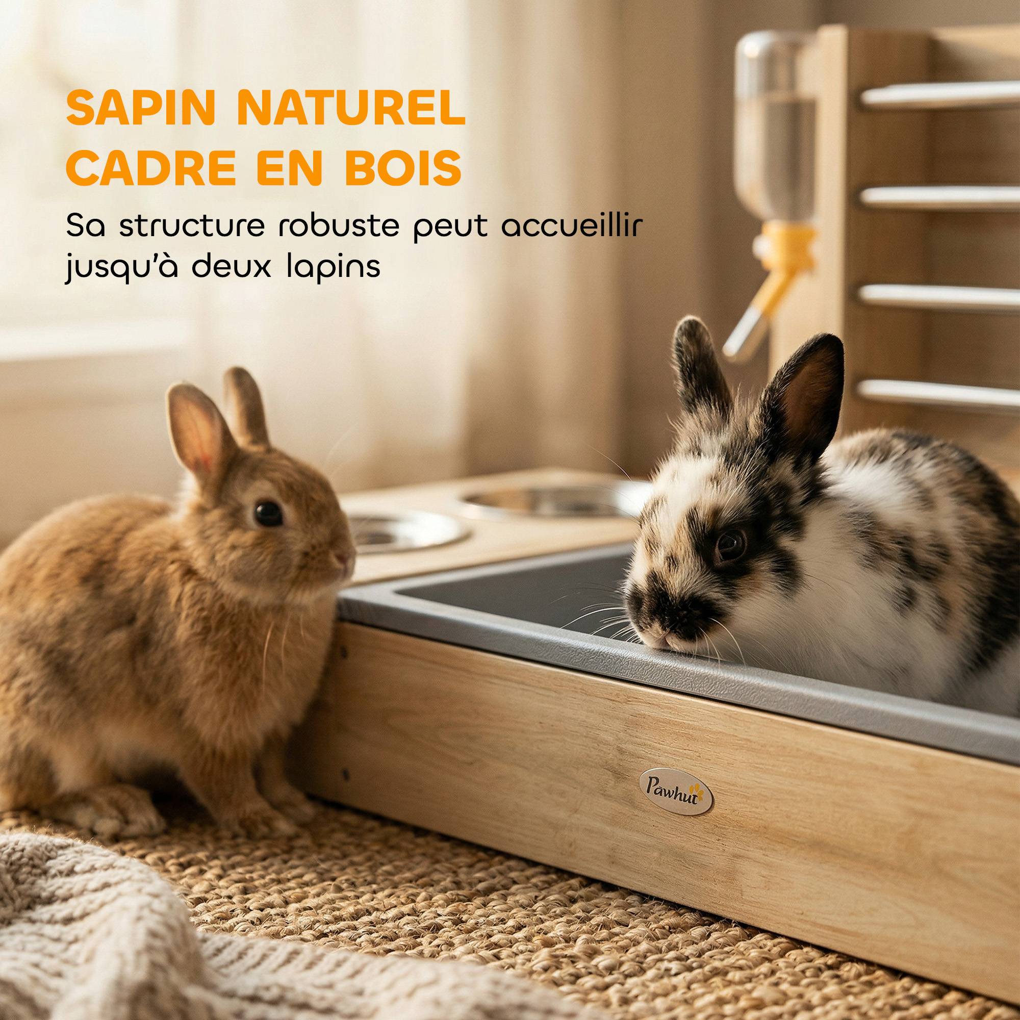 Sans Marque - Râtelier à Foin en Bois pour Lapin Mangeoire Lapin 3 en 1 avec Bac à Litière et Bouteille d'Eau 58x40x32cm Bois Naturel - Image 8