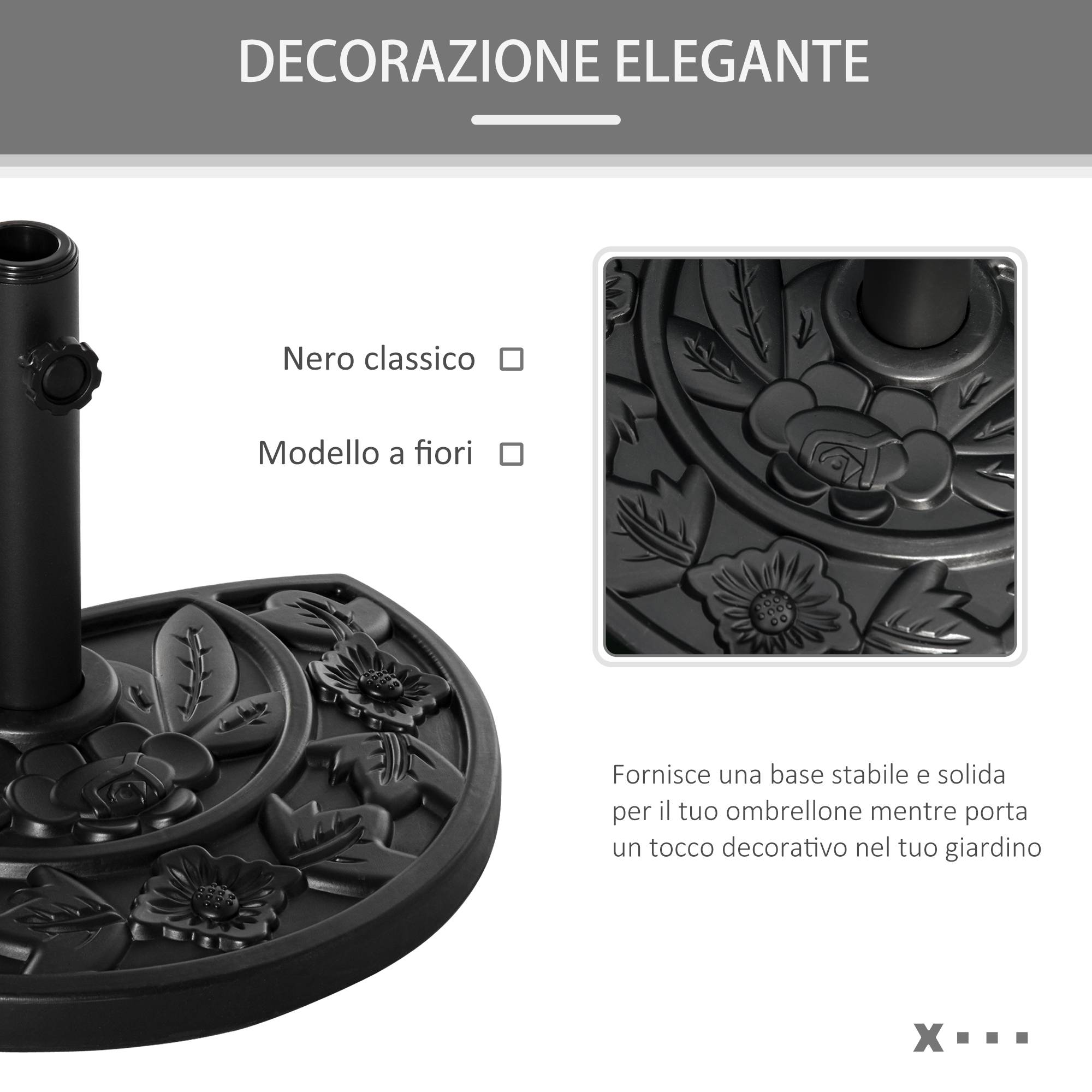 Pied de parasol semi-circulaire 9 kg en PEHD, béton et métal à motifs floraux, Ø50 x 32 x 32 cm, noir - Image 9