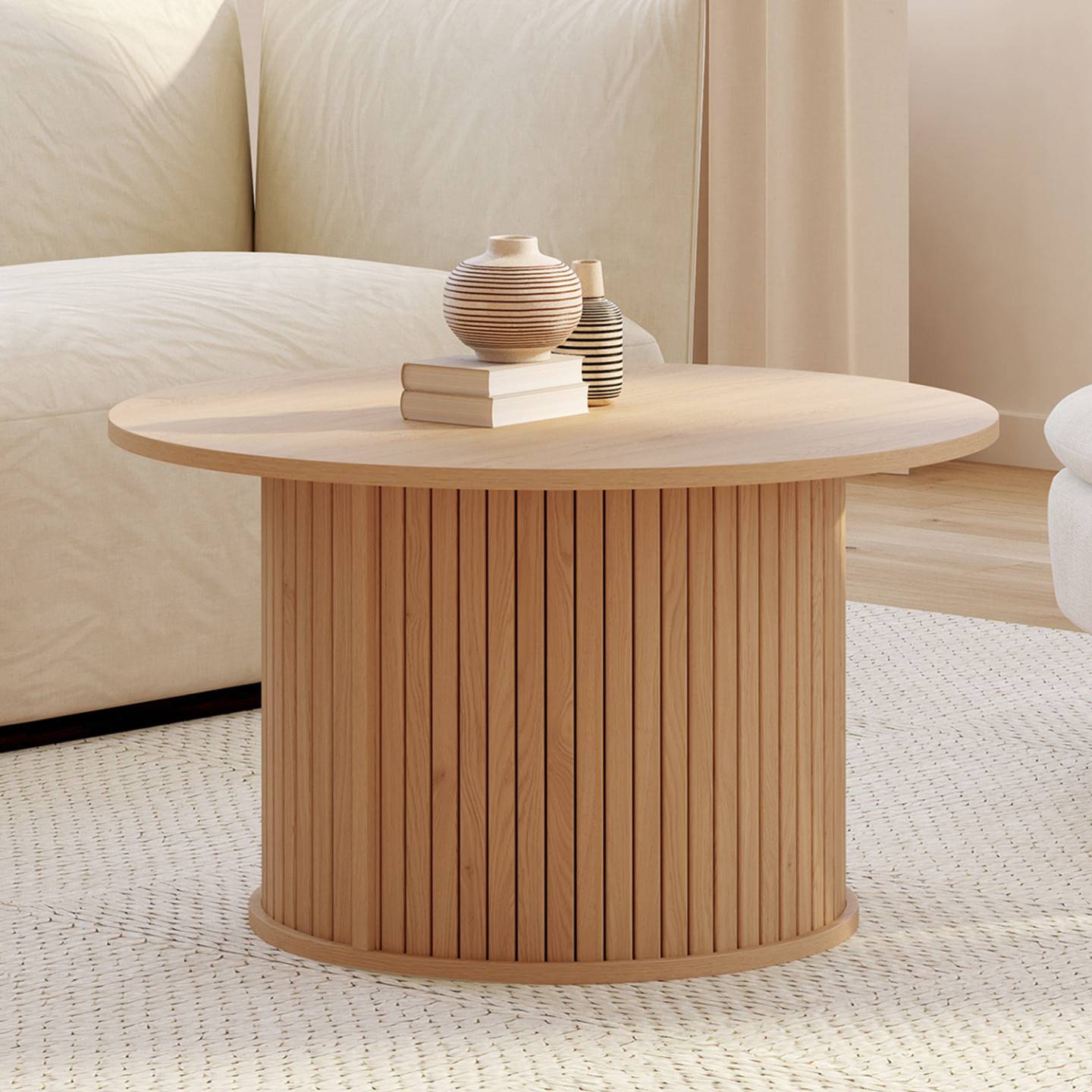 Table basse ronde JULIETTE 70 cm lattes tasseau bois coloris chêne - Image 1