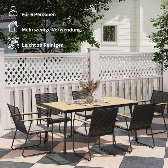 Ensemble de salle à manger en métal 7 pièces pour 6 personnes, table et 6 chaises, bois naturel et noir. - Image 8