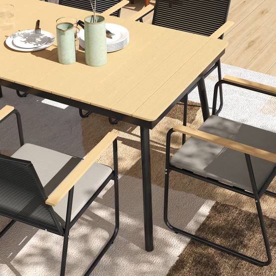 Ensemble de salle à manger en métal 7 pièces pour 6 personnes, table et 6 chaises, bois naturel et noir. - Image 10