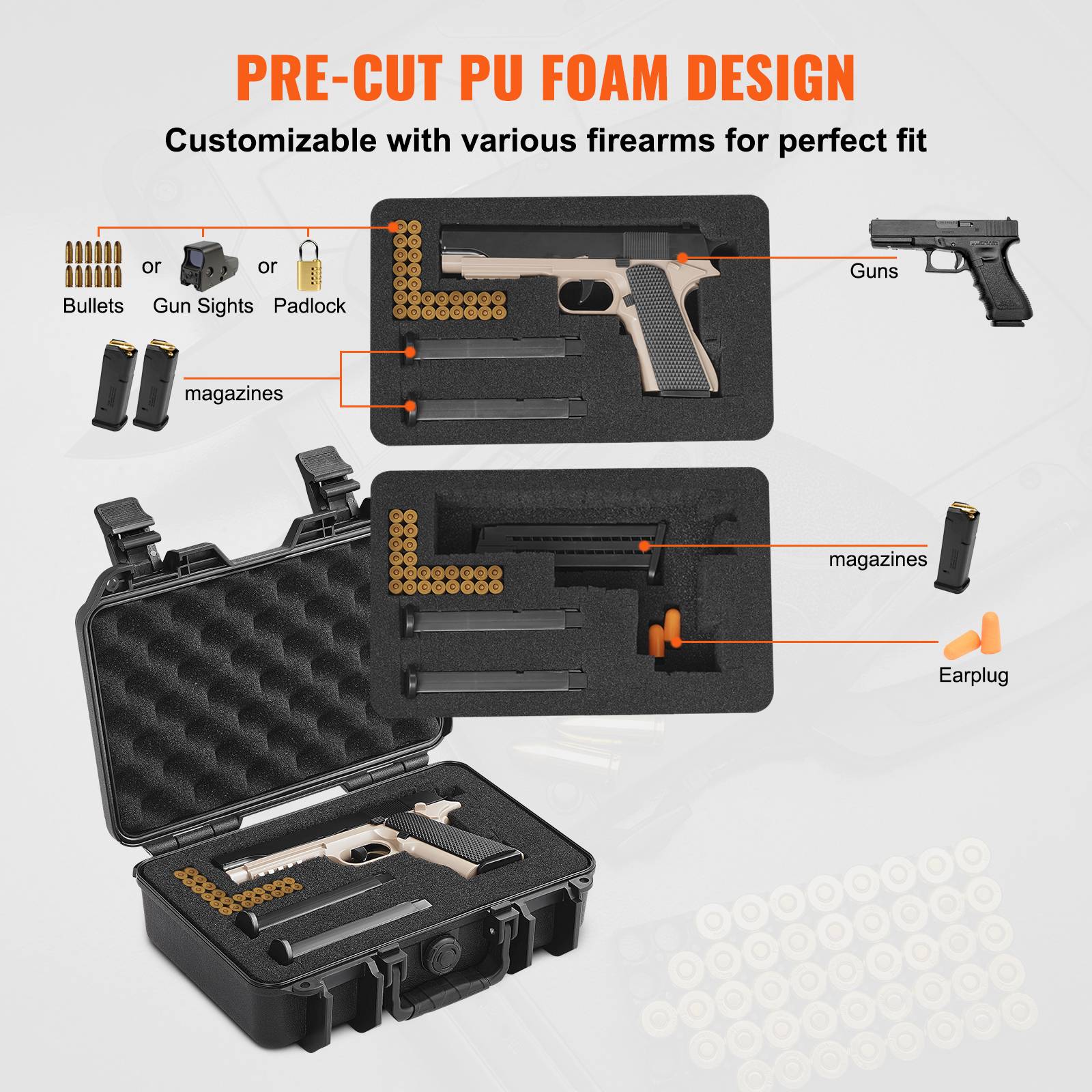 Coffre à Pistolet En Plastique 34,5 X 24 X 6 Cm Avec Inserts Mousse - Noir, Solide Et Verrouillable