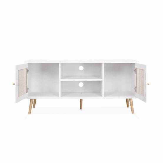 sweeek - Meuble TV en cannage 120x39x56.5cm - Bohème - Blanc. 2 niveaux. 2 étagères. 2 portes. pieds scandinaves | sweeek - Image 5