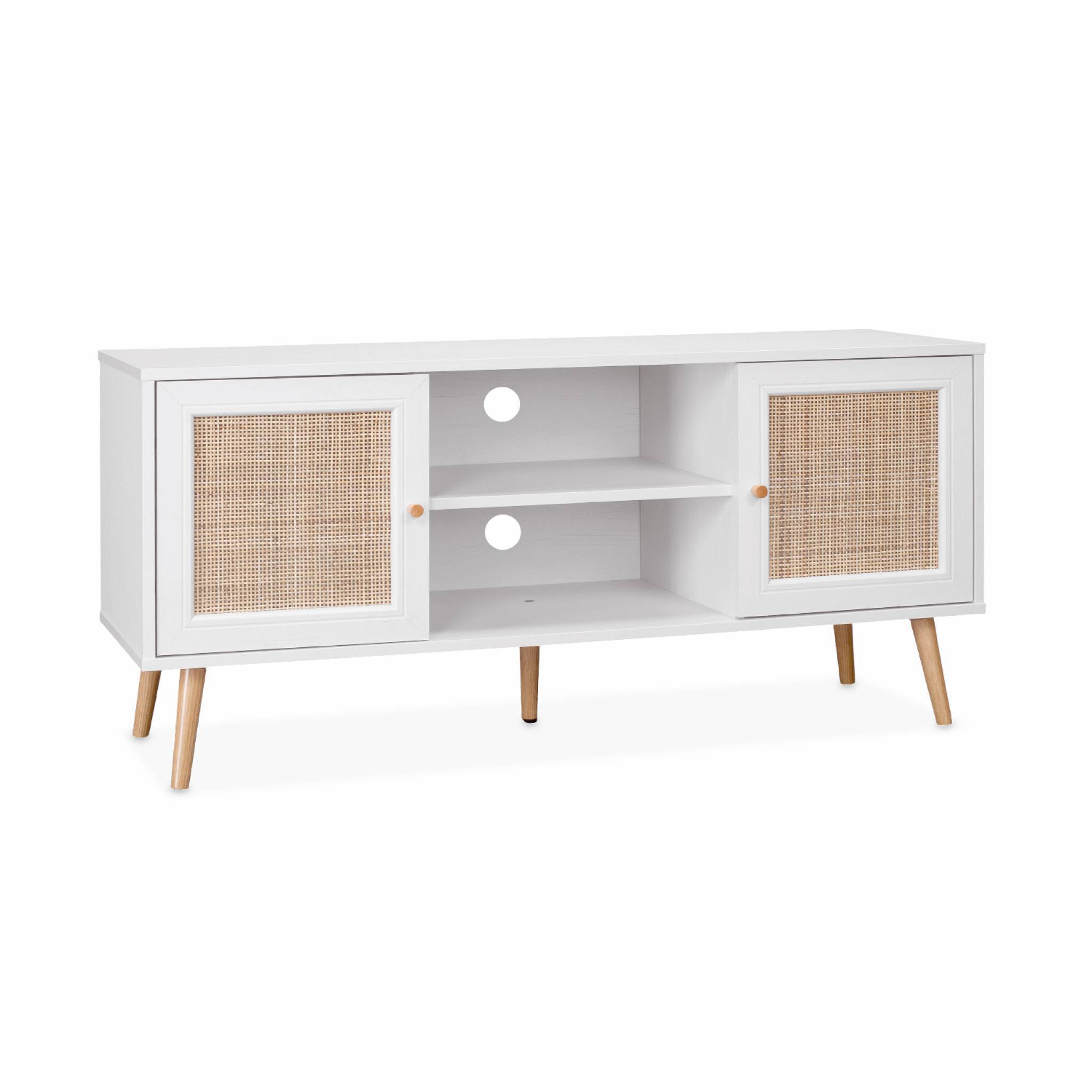 sweeek - Meuble TV en cannage 120x39x56.5cm -  Bohème - Blanc. 2 niveaux. 2 étagères. 2 portes. pieds scandinaves | sweeek - Image 2