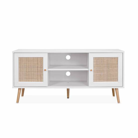 sweeek - Meuble TV en cannage 120x39x56.5cm - Bohème - Blanc. 2 niveaux. 2 étagères. 2 portes. pieds scandinaves | sweeek - Image 4
