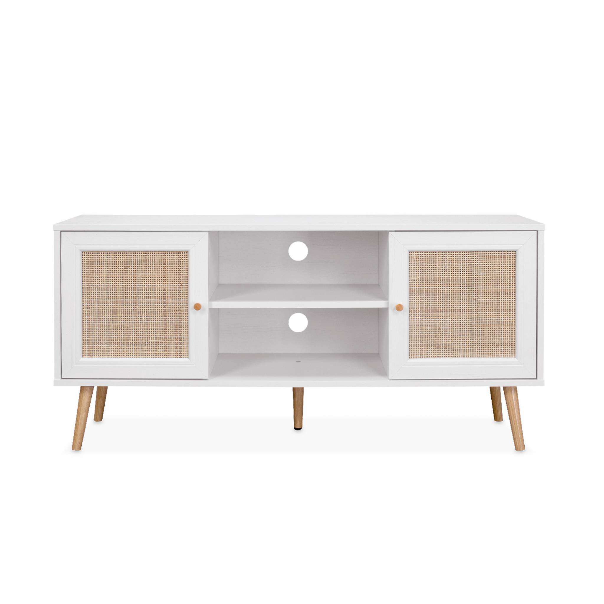 sweeek - Meuble TV en cannage 120x39x56.5cm -  Bohème - Blanc. 2 niveaux. 2 étagères. 2 portes. pieds scandinaves | sweeek - Image 4