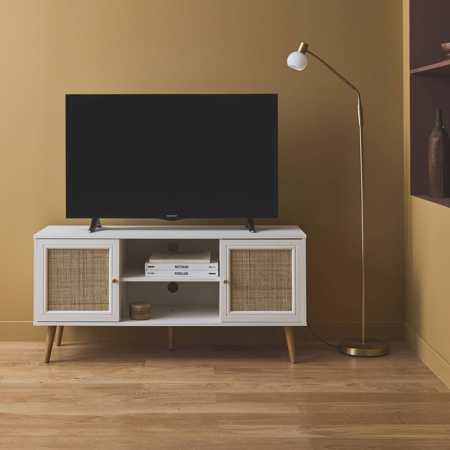 sweeek - Meuble TV en cannage 120x39x56.5cm -  Bohème - Blanc. 2 niveaux. 2 étagères. 2 portes. pieds scandinaves | sweeek - Image 1