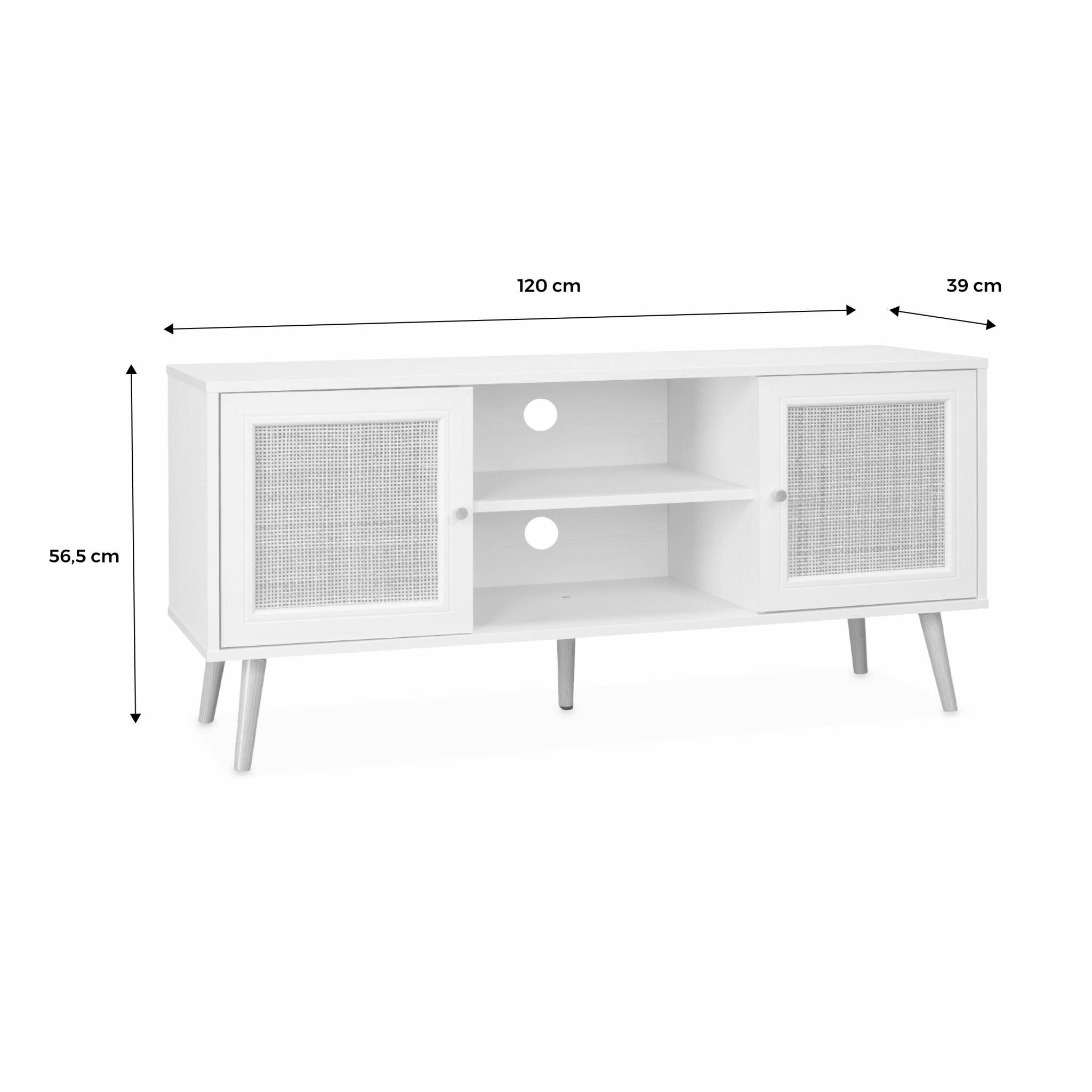 sweeek - Meuble TV en cannage 120x39x56.5cm -  Bohème - Blanc. 2 niveaux. 2 étagères. 2 portes. pieds scandinaves | sweeek - Image 7