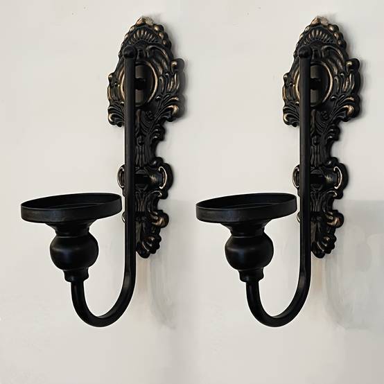 Lot de 2 bougeoirs décoratifs muraux, finition métallique et motif rococo, noir antique, pour salon-Lytech - Image 7