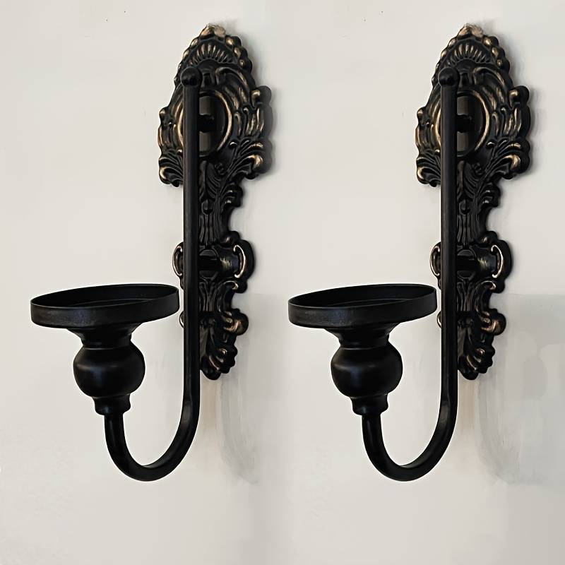 Lot de 2 bougeoirs décoratifs muraux, finition métallique et motif rococo, noir antique, pour salon-Lytech - Image 7